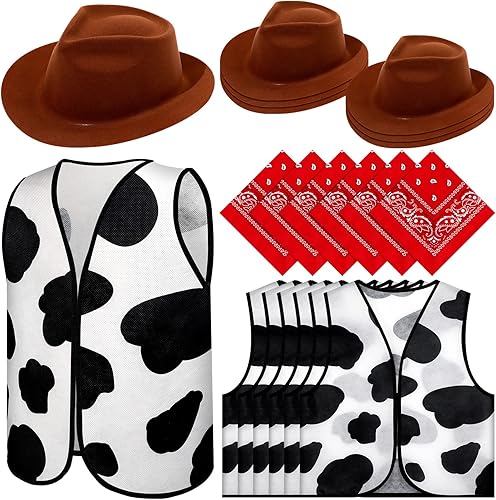 El juego de 18 piezas de disfraz occidental para niños incluye 6 sombreros de fieltro de vaquero occidental con 6 bandanas, 6 chalecos de vaca para