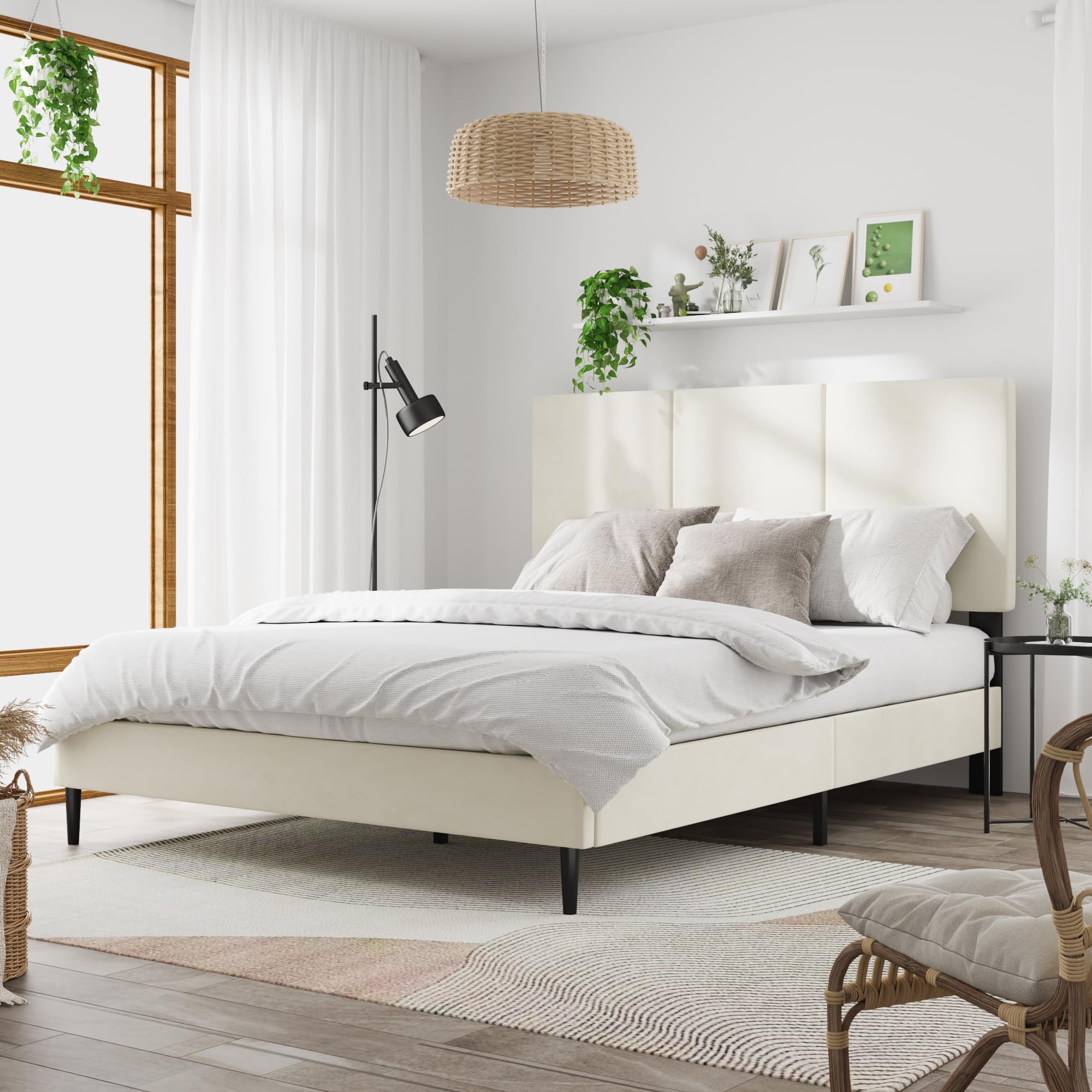 Base de cama tamaño Queen con cabecero, marco de cama de plataforma Queen de canal vertical, no requiere resortes, fácil de montar, beige 3