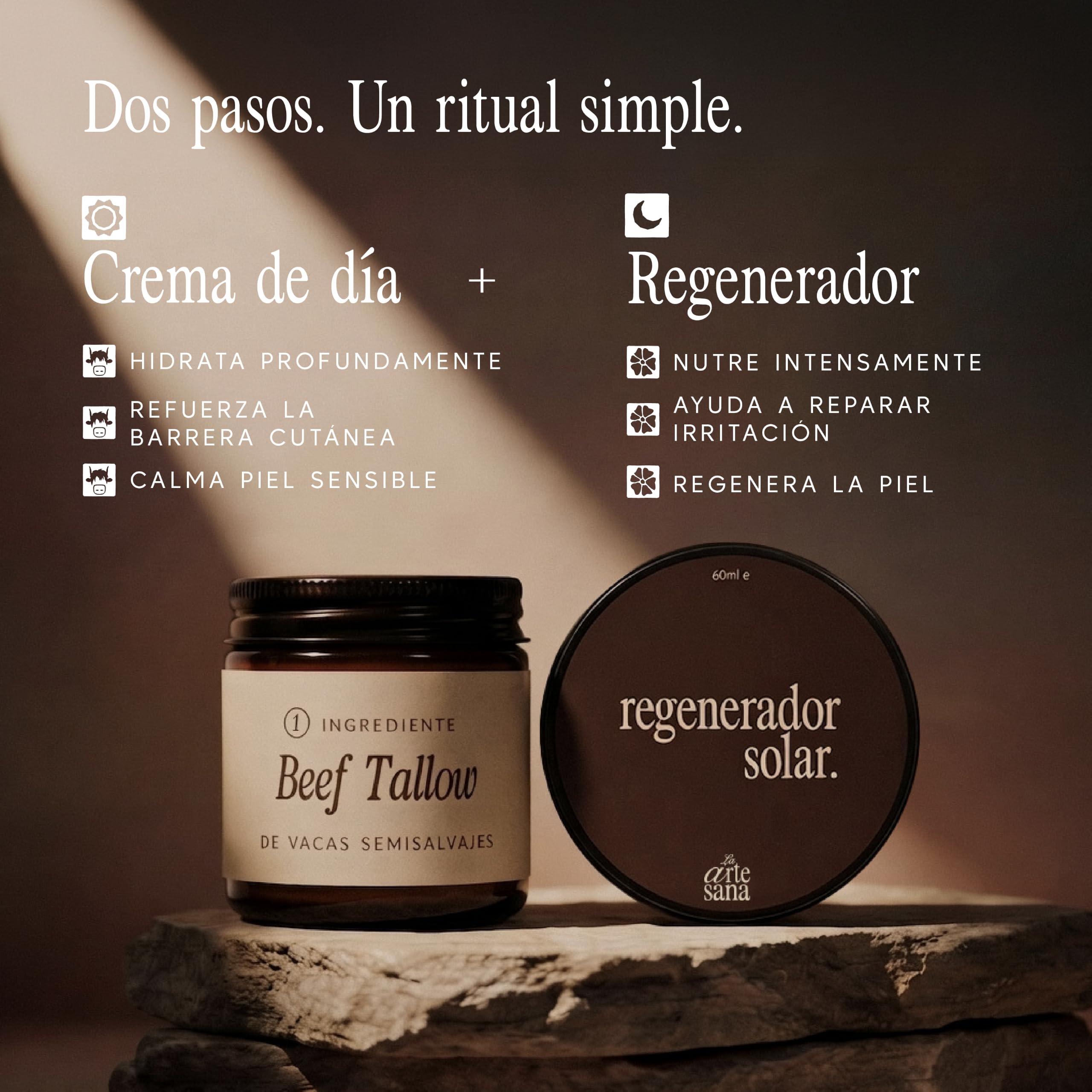 La Artesana Ritual Diario Facial con Beef Tallow | Crema de Día + Regenerador Nocturno | Rutina Facial Artesanal para Piel Sensible, Seca, Reactiva y Deshidratada
