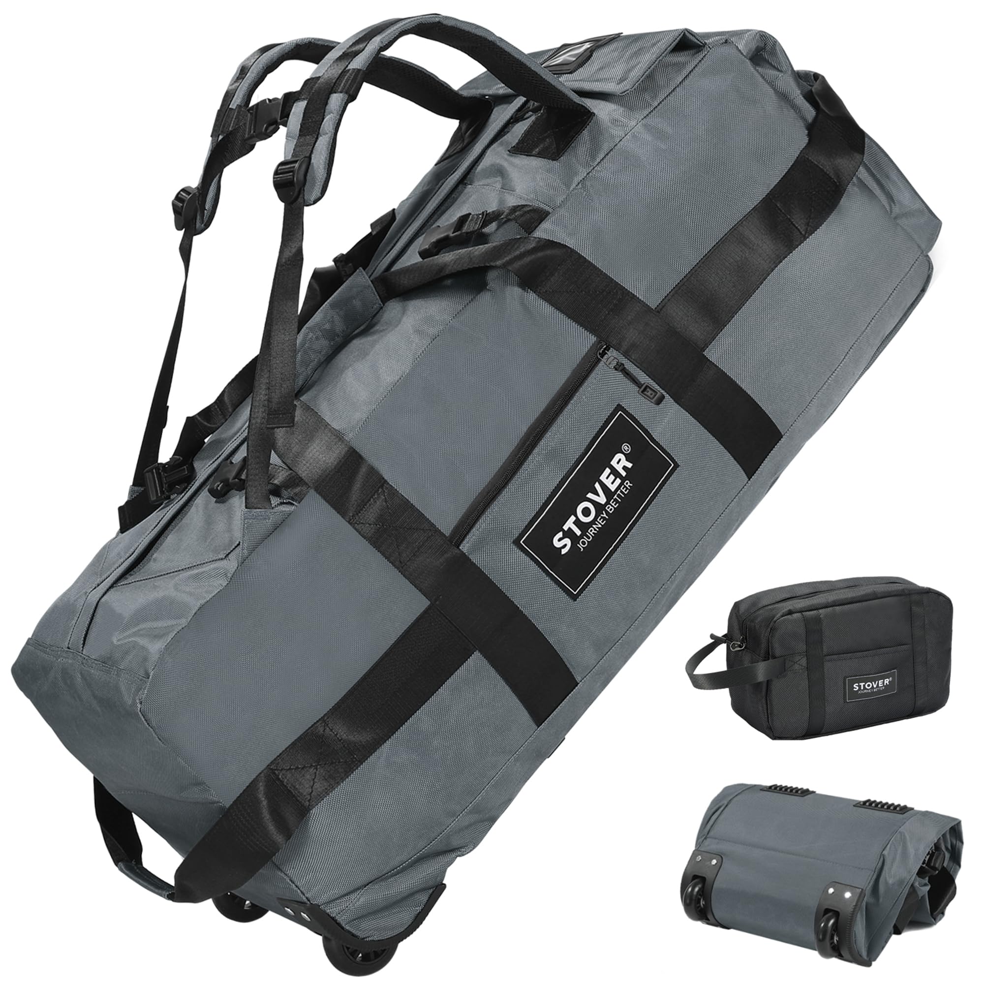 STOVER 80L Rolling Duffel Bag with Wheels, Extra Large 31 Inch Durable Travel Duffle Bag- Rugged, Collapsible, Rollable Design w/Shoulder Straps- Use as Luggage or Backpack for Men/Women (Grey)