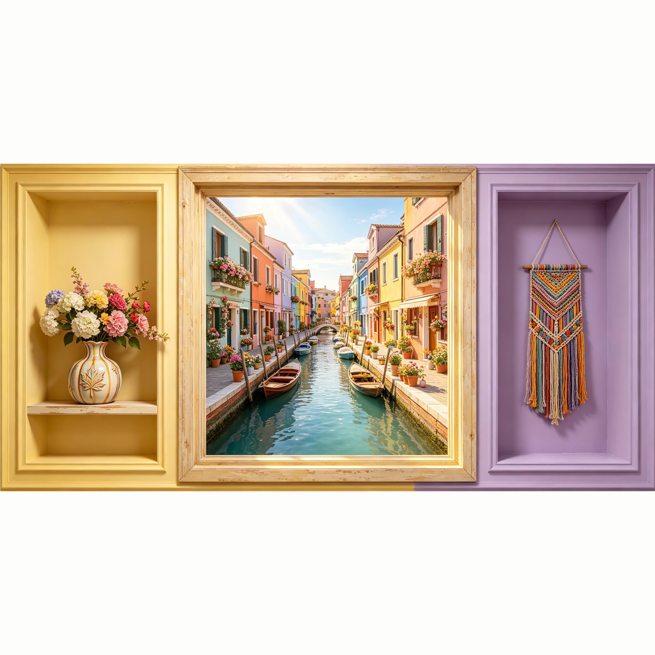 QZLITHOTIC 50x100cm 3D Framed Wall Art， Italian Venice Canal Townscape Macrame Vase Self‑Adhesive Mural， Water‑Activated Peel & Stick Fabric Decor Wall Decal for Bedroom Living Room