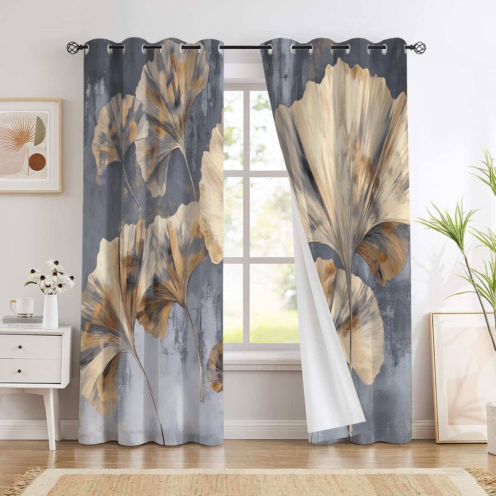 Rideau Occultant Thermiques 140x180 cm Feuille De Ginkgo Vintage Isolant Anti Froid Chaleur pour Salon Chambre Séparation de Pièce pour Cuisine Rideau Dressing Lot de 2 à Oeillets
