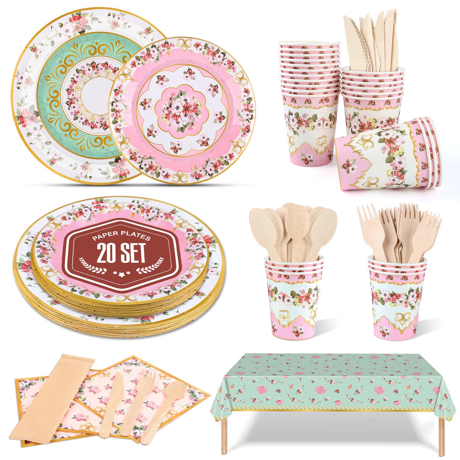 iuqiepo Afternoon Tea Decorations (Set of 20), Floral Paper Plates Set, Party Plates Cups and Napkins, Birthday Party Decorations, Paper Material