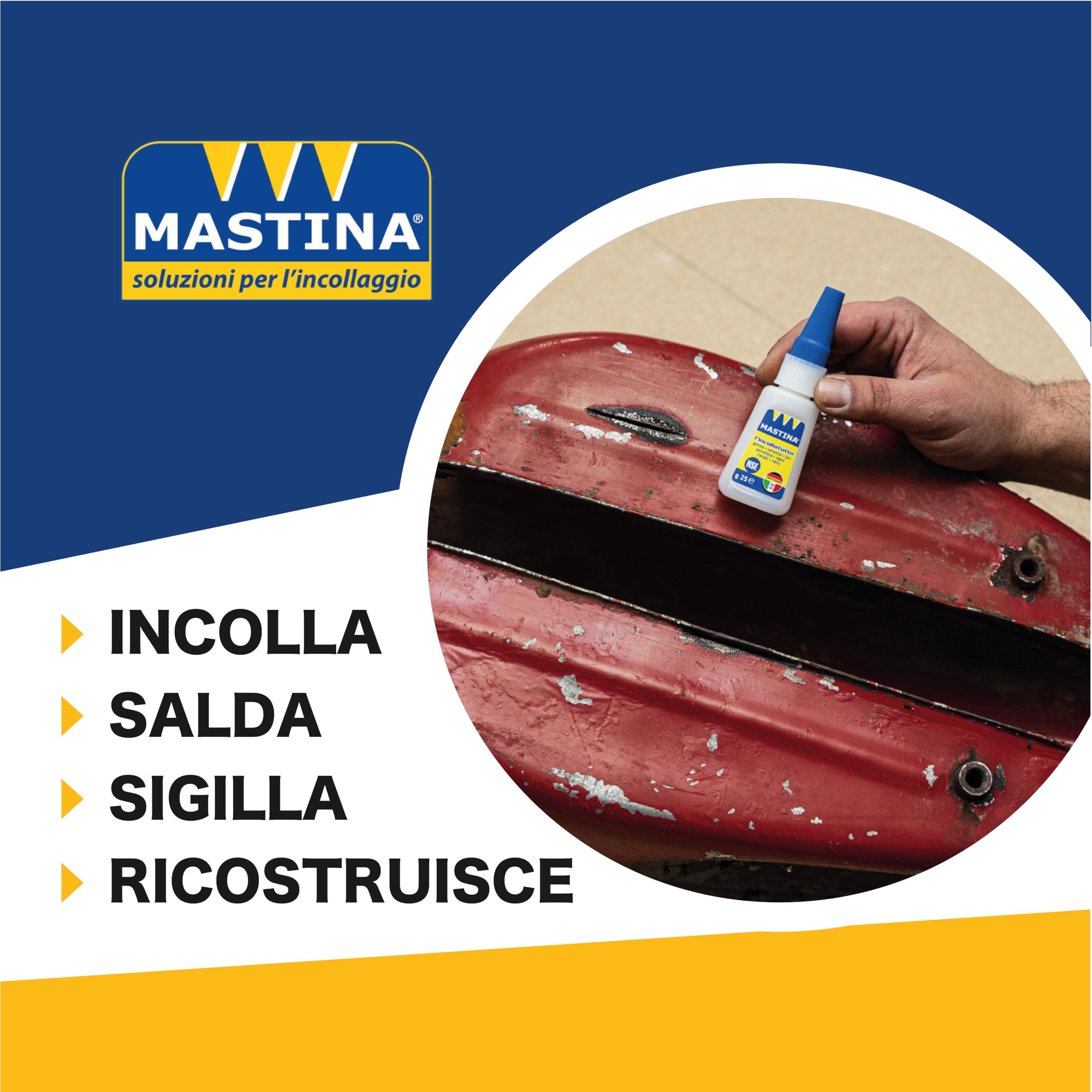 Mastina, Kit Completo di Riparazione con Boccetta Maxi Incollatutto 25g + 3 Sabbie Minerali da 20g (Bianca, Grigia, Nera) + 5 beccucci di precisione