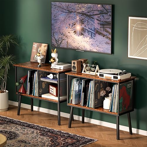 Miniatura 7 de Soporte para tocadiscos con divisor ajustable, soporte de almacenamiento de vinilo de hasta 200 álbumes, mesa grande de tocadiscos de mediados de