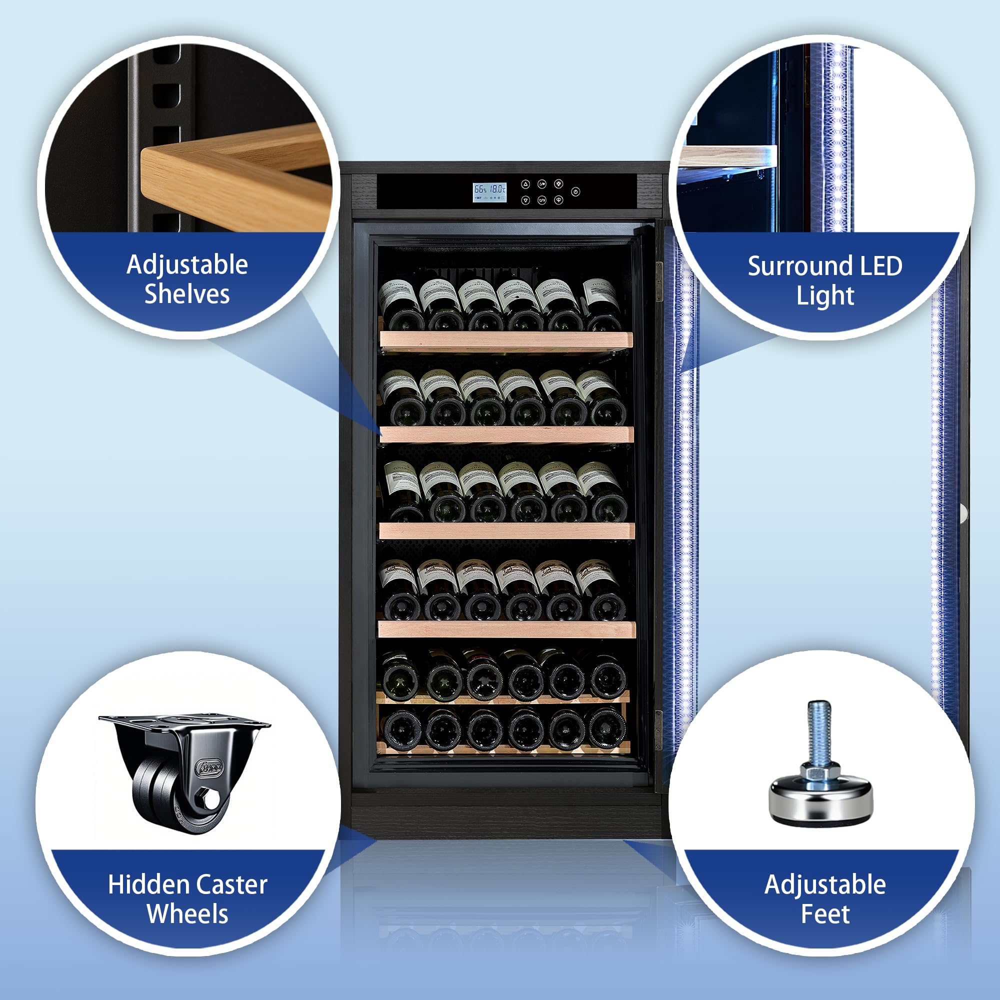 Relaxcabine 69 Bottles Wine Cooler LED Touch Screen, 7.6 ft³ Wine Cabinet Constant Temperature & Humidity Control, Dual Layer Tempered Glass Door, Black Wood Exterior for Home, Kitchen or Bar