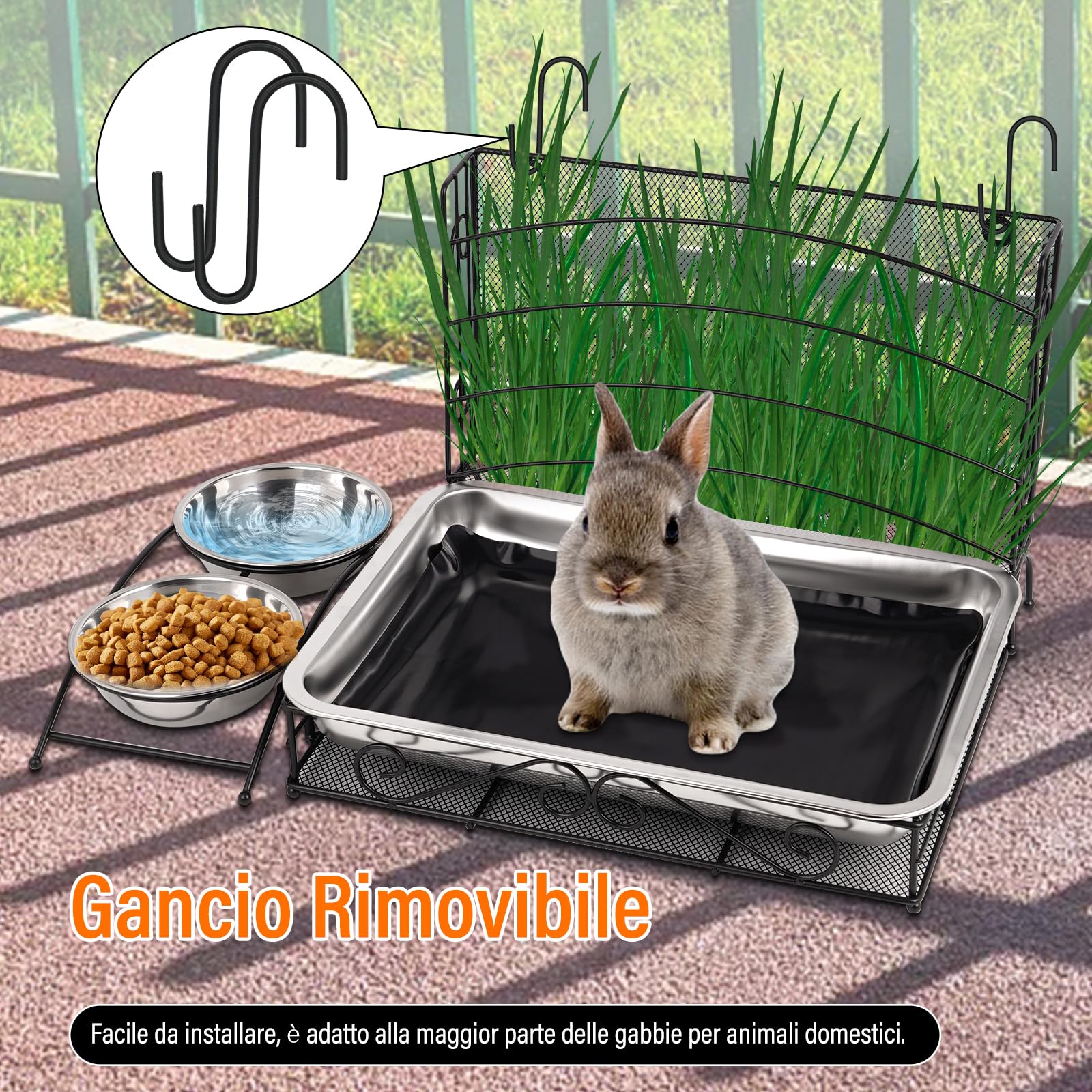 3 In 1 Porta Fieno Per Conigli, Mangiatoia Per Conigli e Lettiera con Tappetino Impermeabile e Ciotola Per L'Acqua Per Piccoli Animali Domestici Coniglio Criceto Dispensatore di Cibo