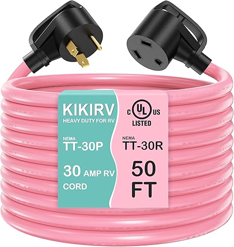 KIKIRV Cable de extensión para caravana de 30 amperios y 50 pies, resistente calibre 10 y 3 alambres, alambre de cobre puro STW con mango de agarre,