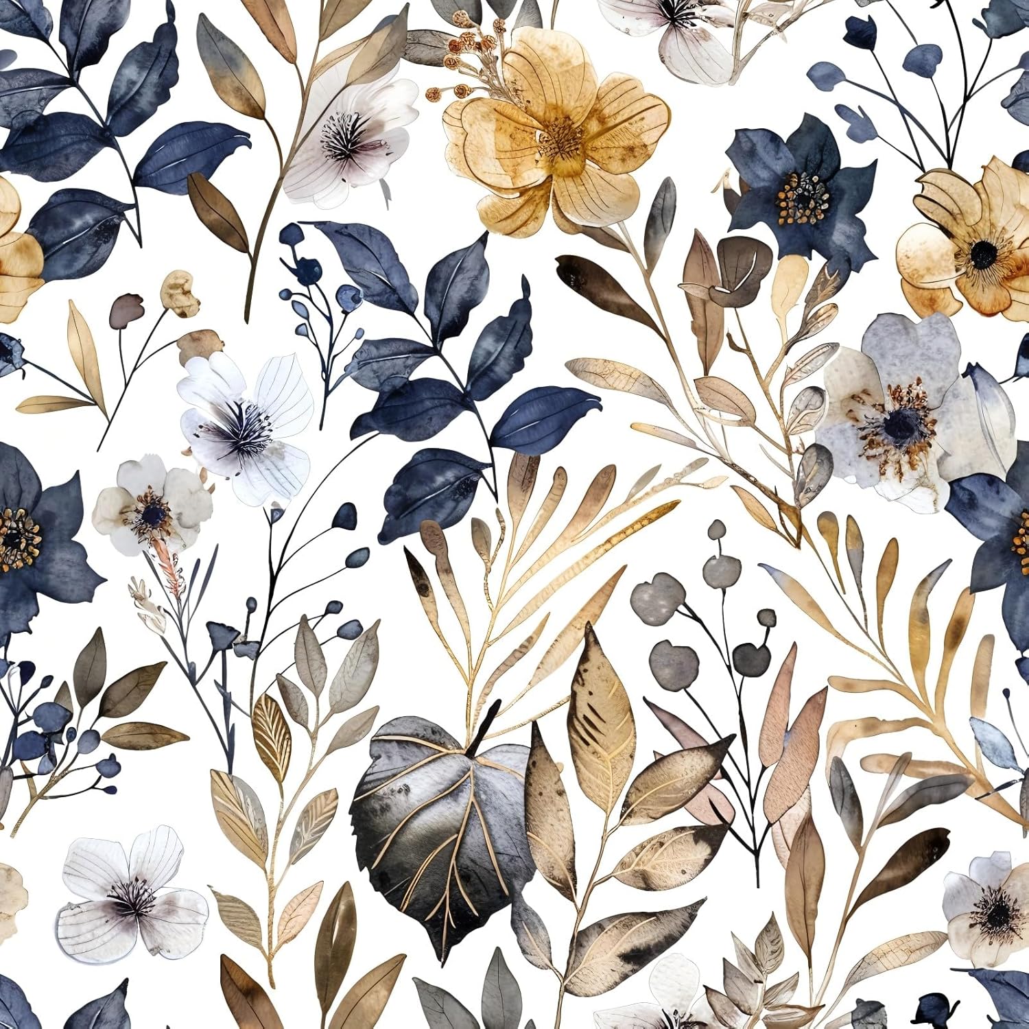 Floral Peel and Stick Wallpaper Navy Blue Gray Leaf Gold Self Adhesive Removable Floral Wallpaper for Bedroom Renter Friendly Contact Paper for Bedroom Bathroom Walls Shelf Liner 17.71"x236.2"