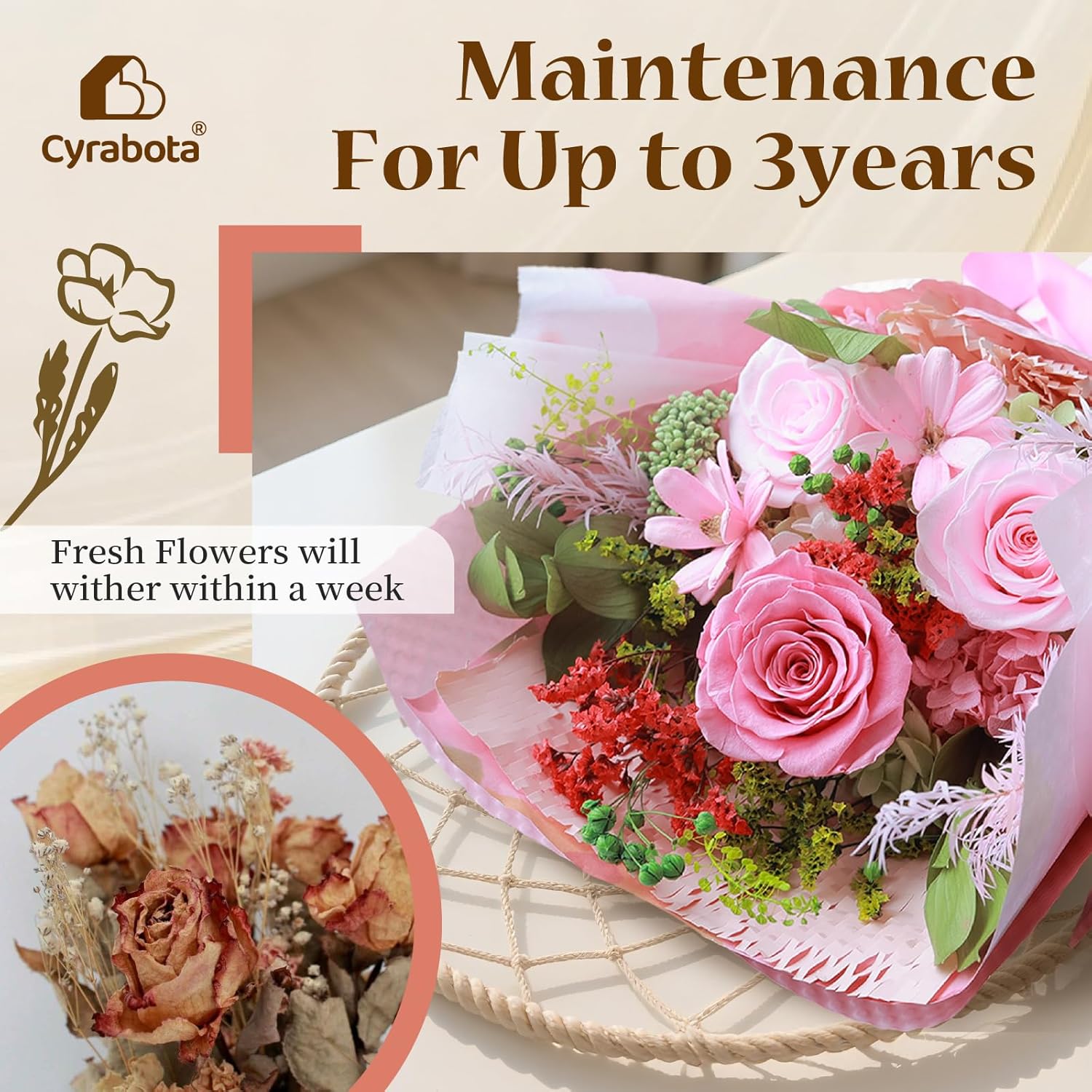 Preserved Flowers Bouquet with Vase Pink Real Roses, Last 1-3 Years Forever Roses, Eternal Flowers Valentine's Day Gifts for Her Women Wife,Mother Day Gift - Image 5