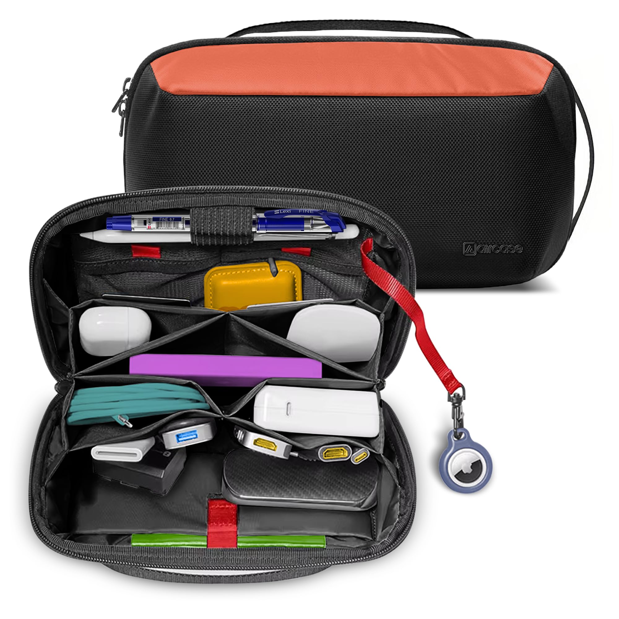 AirCase Gadget Organizer Case Bag, Travel Pouch for Hard Disk, SSD, Pendrives, Charger, Cables, Power Bank, Tech, Electronic Accessories| 10 Compartments, Premium 1680D Nylon, Water-Resistant(Orange)-image-2