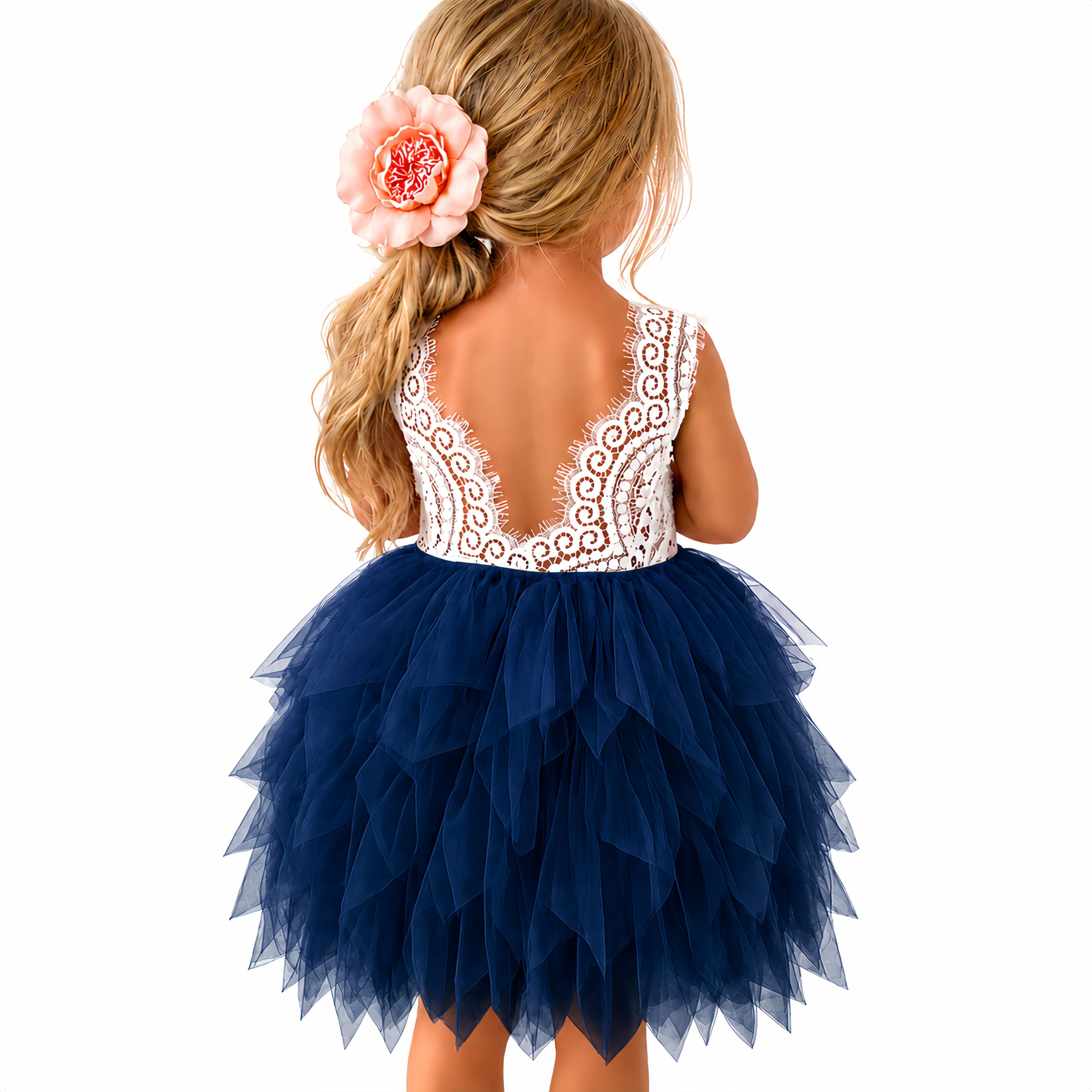 Photo 1 of Topmaker Flower Girl Dress for Toddler Baby Girls,Lace Tulle Princess Dress for Wedding, Birthday Party, Photoshoot, Formal Events,Special Occasion (7-8Y, Navy)