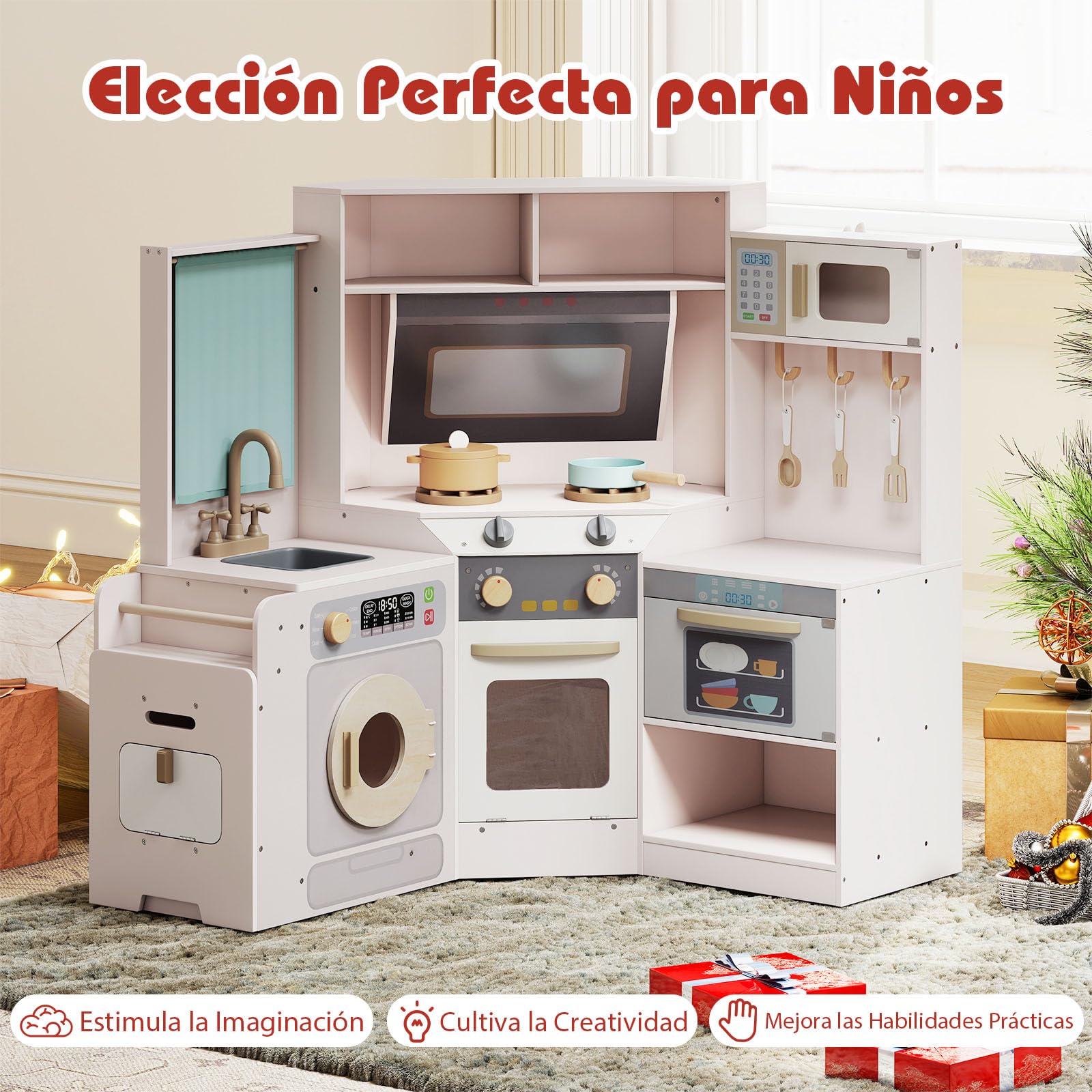 GOPLUS Cocina de Juguete de Esquina, Cocinita Infantil de Madera con Cubo de Basura Extraíble, Fregadero, Fogones, Microondas, Horno, Lavadora, Luces y Sonidos para Niños de 3+ Años (Rosa)