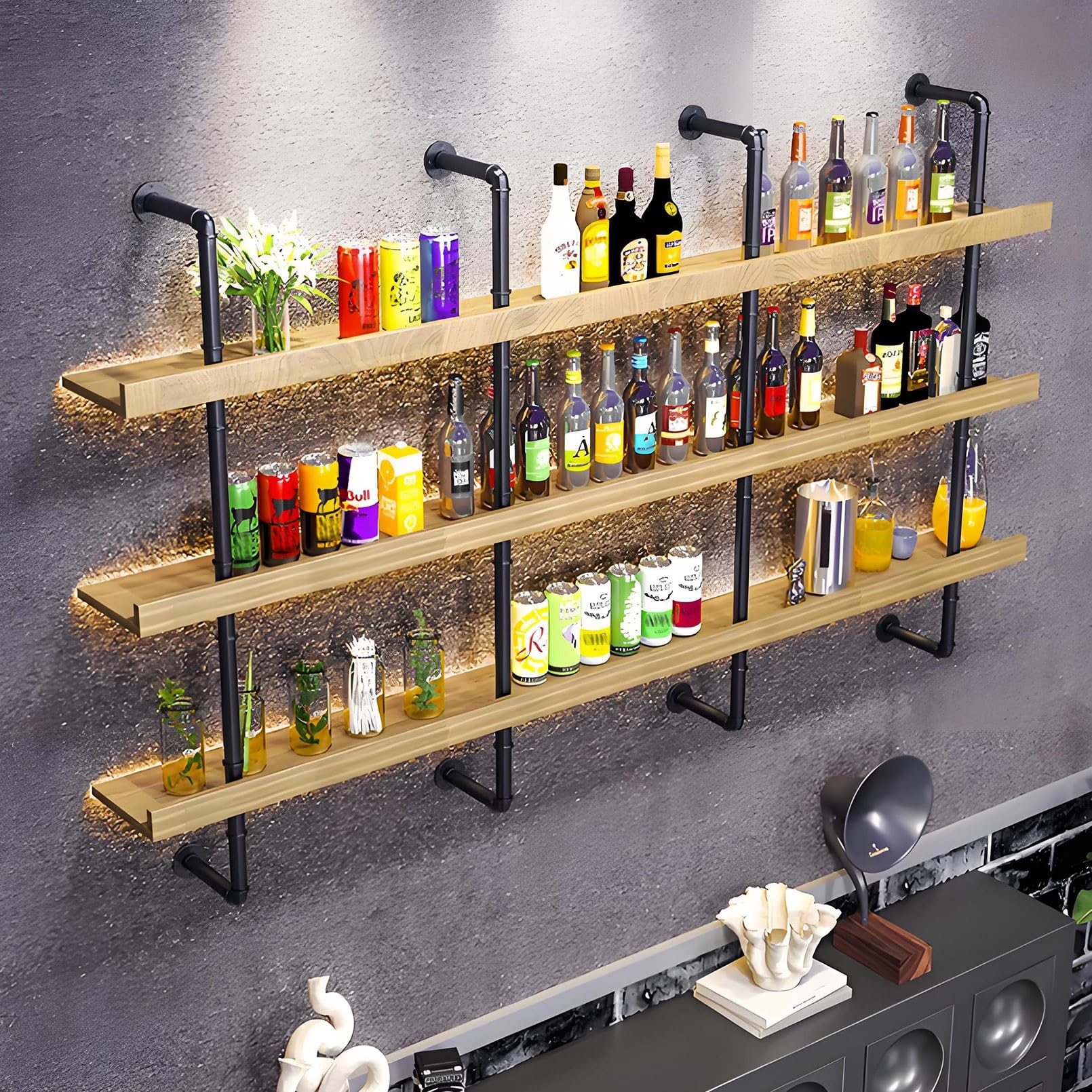 Generico Portabottiglie da Parete con luci a LED – Mensola portabottiglie in Legno massello a 3 Ripiani, Grande portabottiglie Galleggiante per Bar, Sala da Pranzo e Cucina (100 cm/39,3", Colore legn