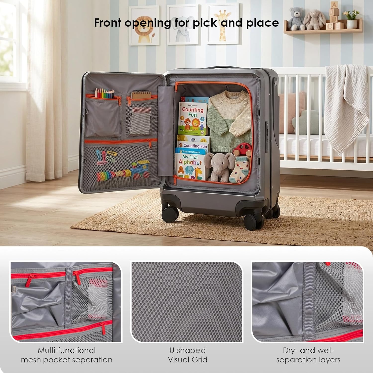 Apellia 20-Inch Carry-on Luggage with Foldable Seat Ride-on Suitcase for Kids 4-8 & Adults, TSA Lock, USB Charger Port, 360 Spinner Wheels, Cabin Approved Expandable Suitcase, Grey