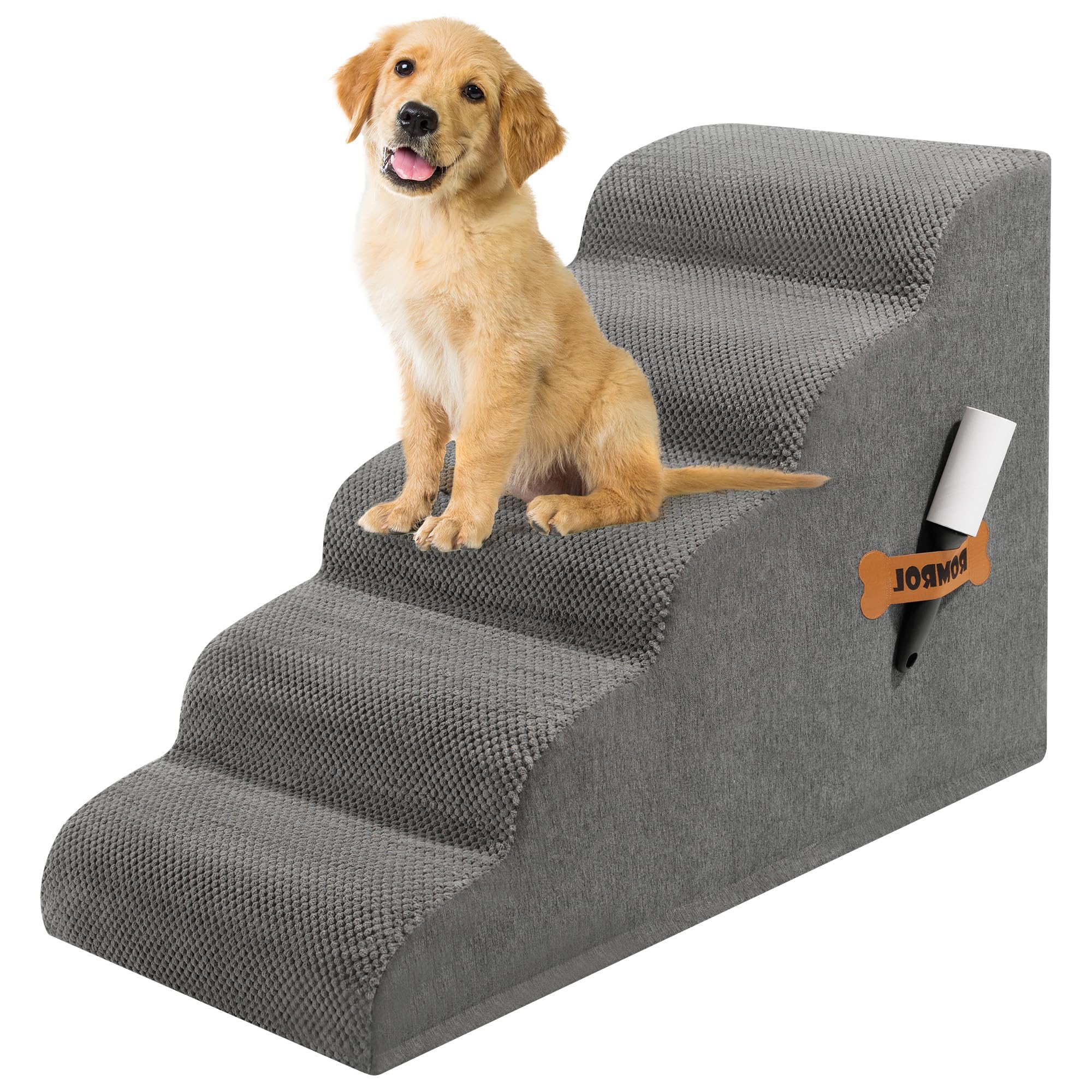 Romrol Dog Stairs Ramp for High Beds Couches, High Density Foam Pet Steps with Durable Non-Slip Waterproof Fabric Cover, Dog Stairs for Small Dogs or Cats or Pets, 5-Step, 22 Inch, Grey