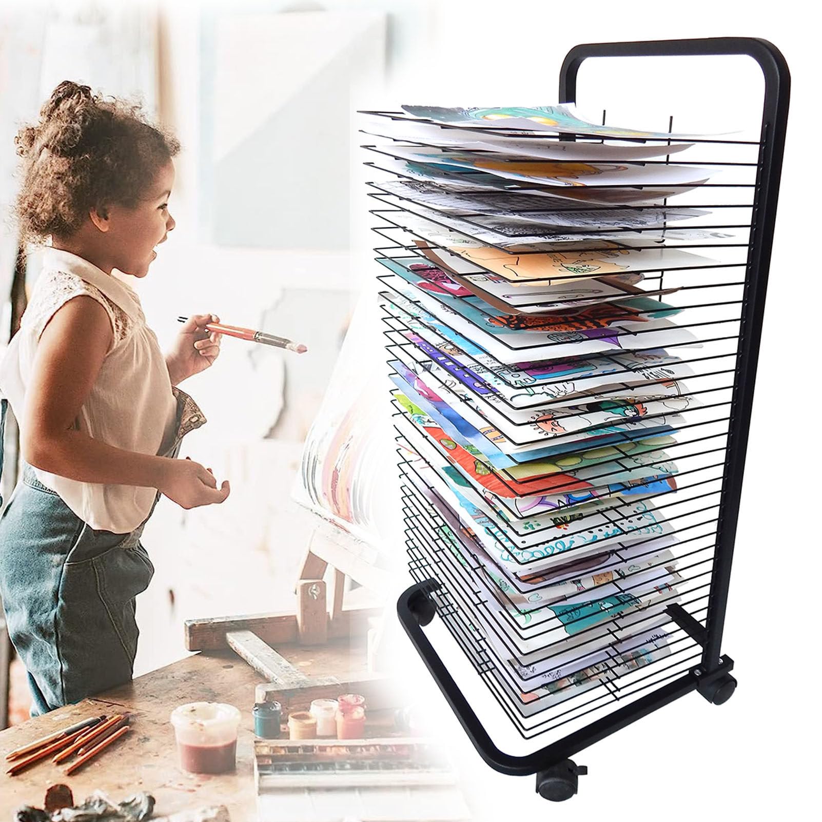 Aioneer Art Drying Rack for Classroom, 20/25/30/35 Removable Shelves, Organized Mobile Drying Rack Art for Students' Masterpieces, Sturdy Paint Drying Rack with Lockable Wheels,30layers