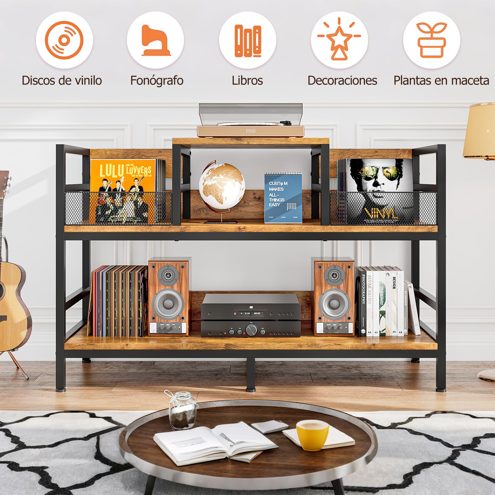 Mobile per giradischi con archiviazione in vinile, scaffale retrò a 3 livelli per CD e DVD, supporto per lettore di dischi e altoparlanti, capacità 350 LPs, 116,5 × 37 × 77,5 cm