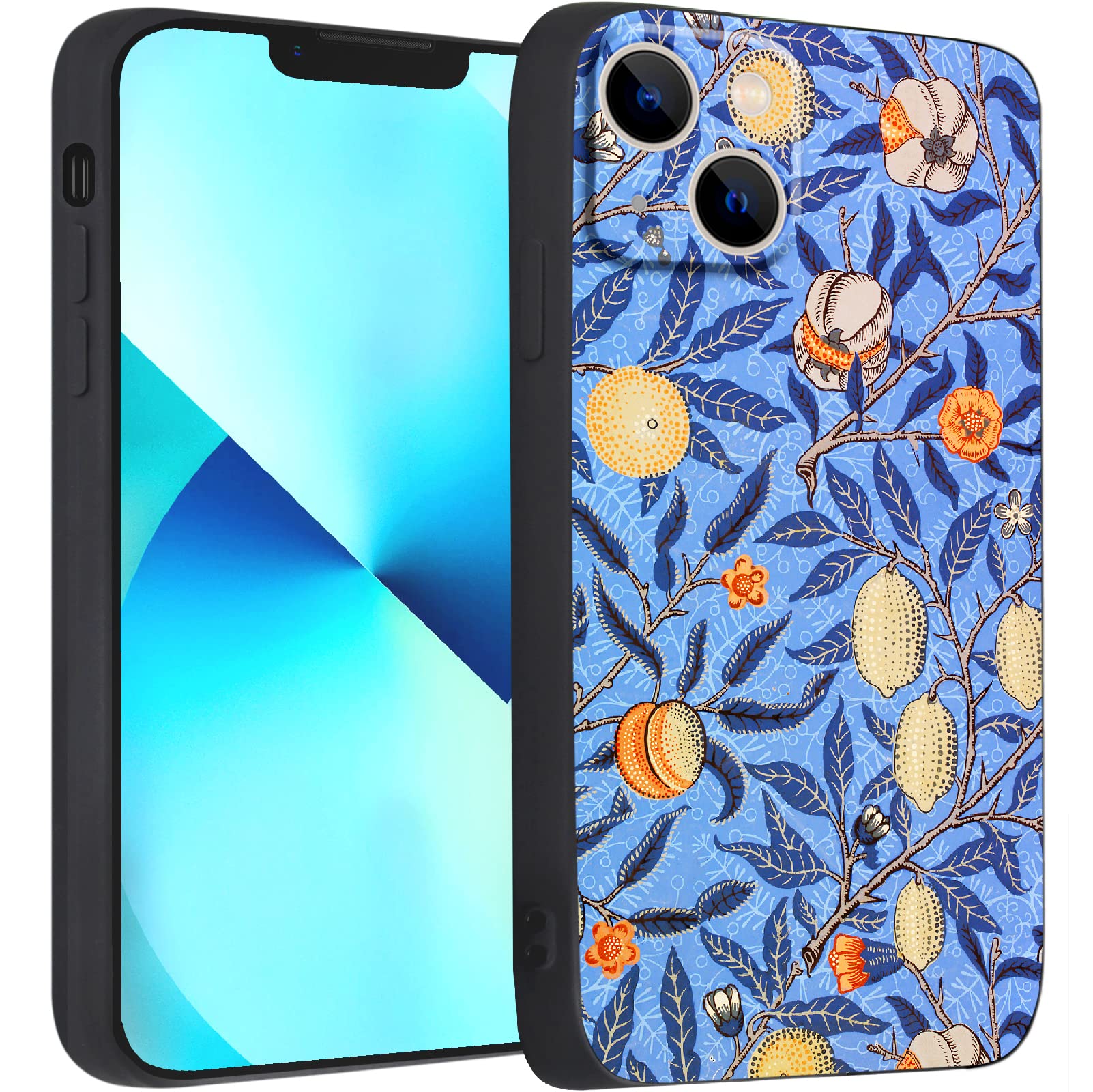 Compatible with iPhone 13 Mini Cute Art Silicone Case with Design for Women Girls Anti-Slip Blue Blooming Adorable Trendy Botanical with Screen Protector (Pomegranate by William Morris)