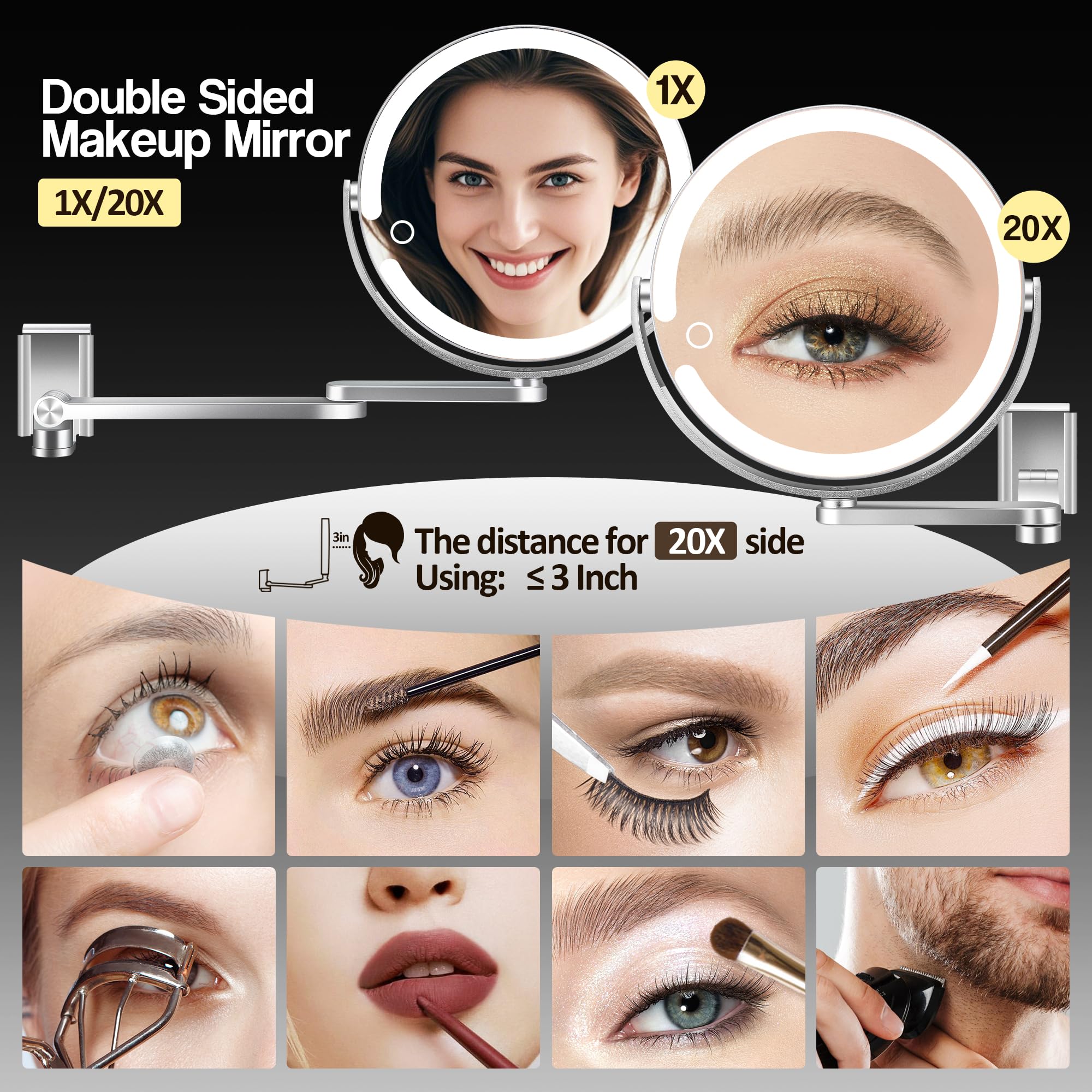 MOMOKUBA Wandmontierter Make-up-Spiegel, Vergrößerungsspiegel mit Licht, 20X/1X doppelseitig, höhenverstellbar, 3 beleuchtete Modi, wandmontierter Spiegel aus Aluminiumlegierung, ideal für Badezimmer