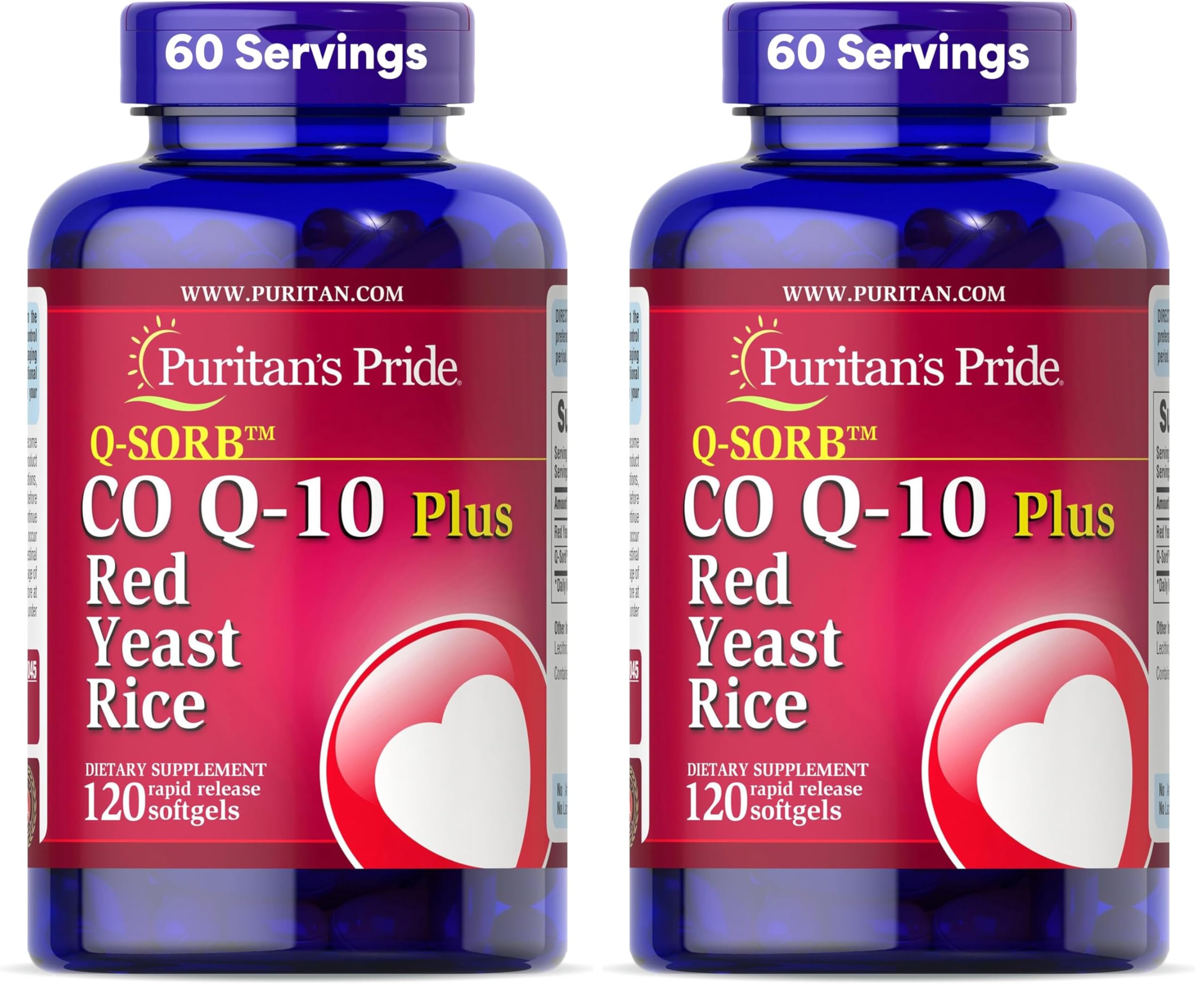 Puritan's Pride Q-Sorb™ Coenzyme CoQ10 Dietary Supplement for Heart Health, Oral Gum Health & Healthy Aging Support, Plus Red Yeast Rice for Improved Digestion, 120 Rapid Release Softgels,(Pack of 2) 120 Count (Pack of 2)