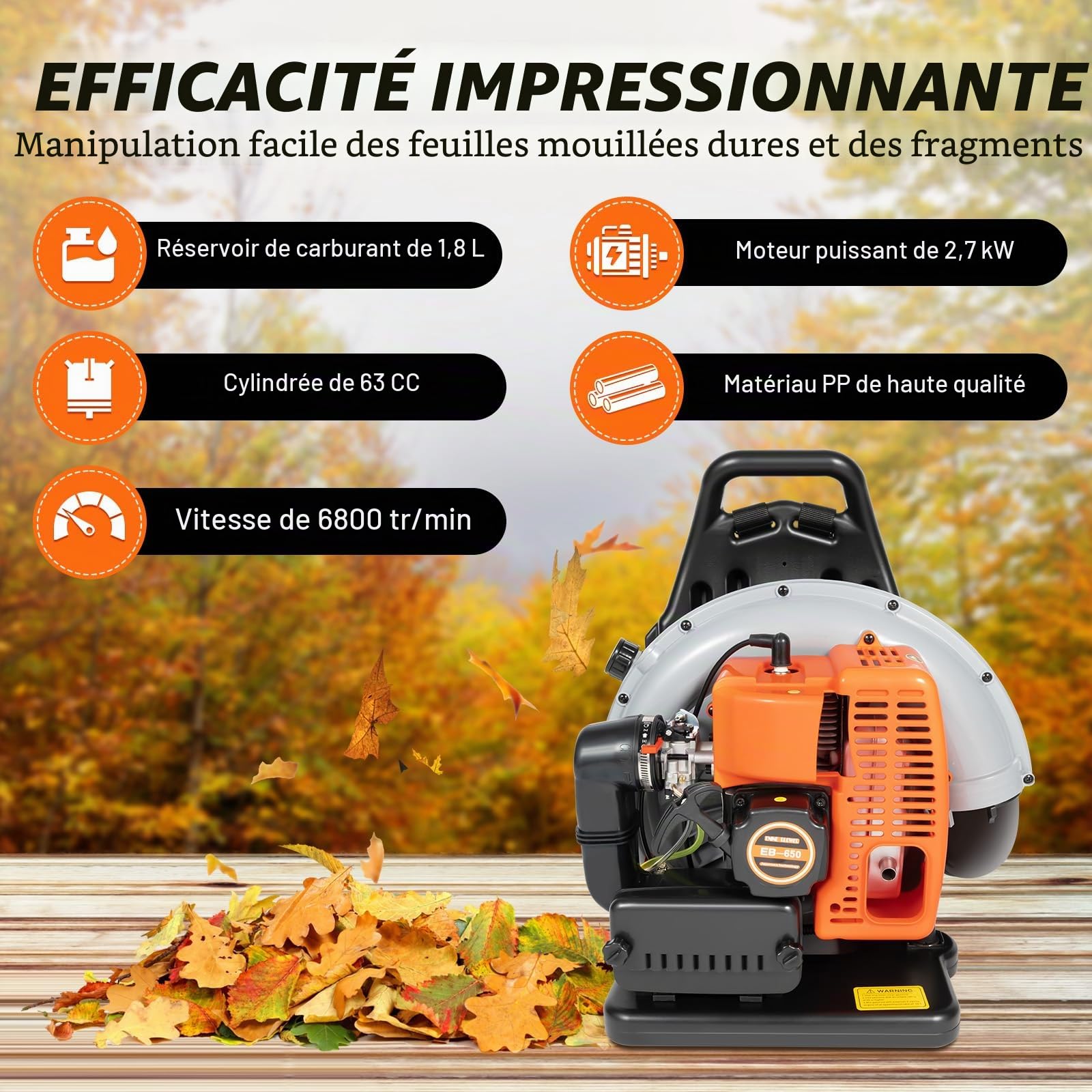 Souffleur à essence 65 cc avec bandoulière réglable Outil de jardinage multifonction pour éliminer facilement les feuilles