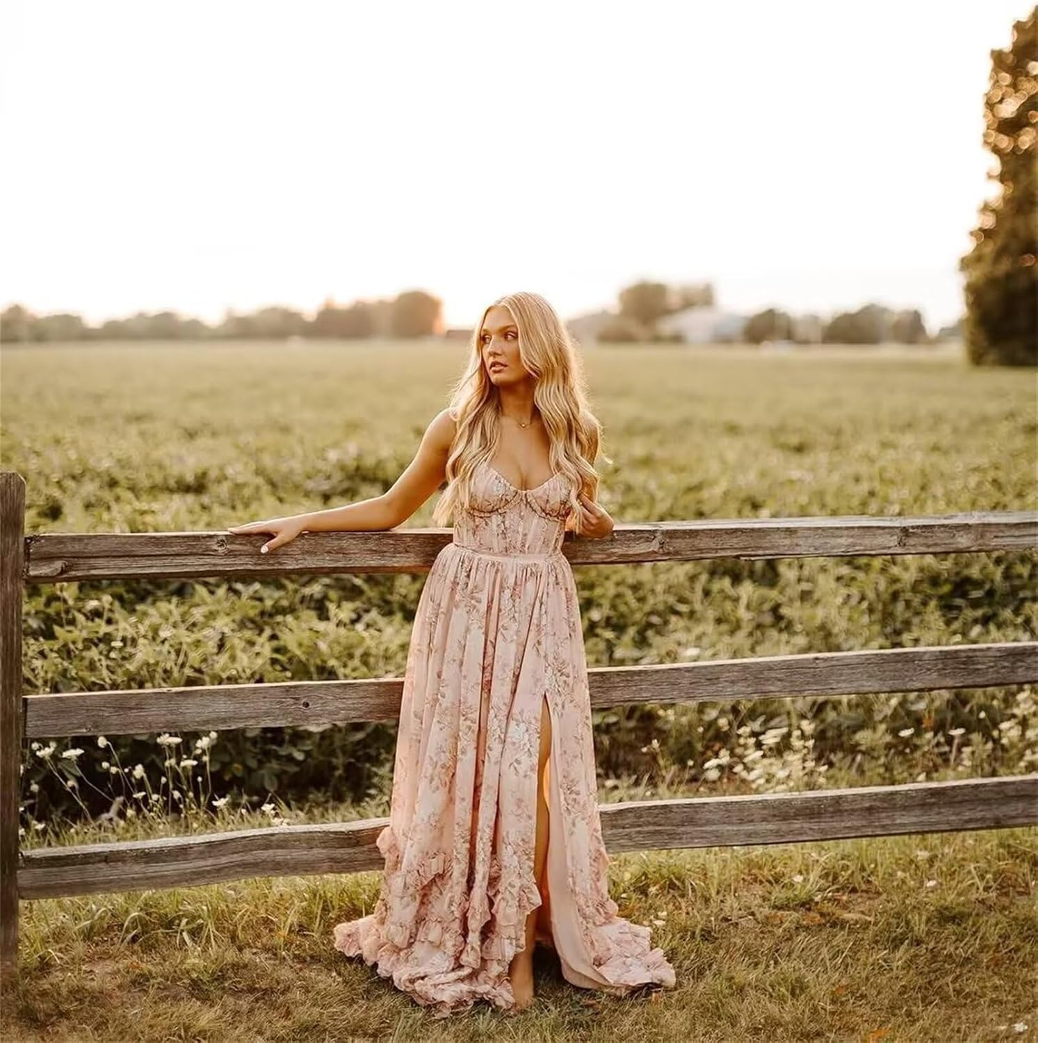 Chiffon Floral Print Bridesmaid Dresses for Women Long Spaghetti Straps V Neck Formal Evening Party Gown with Slit - Image 5