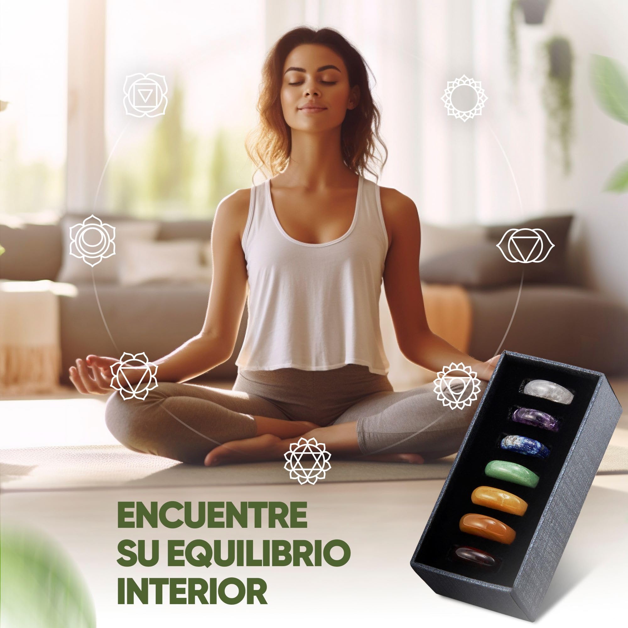 PURAJA Conjunto de Chakras Premium con los 7 principales cristales | Set de piedras curativas de cristales | Piedras de los Chakras con símbolos | Piedras curativas artesanales para meditación
