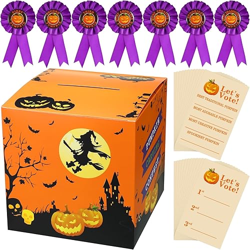 Sasylvia Kit de 58 piezas de Halloween para tallar calabazas, incluye urnas de talla de calabaza, 50 tarjetas de votación, 7 cintas de premio para