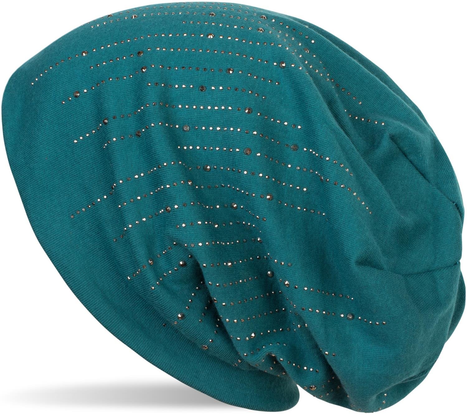 styleBREAKER Women's Beanie Hat with Rhinestone Studs in Elegant Stripe Design, Slouch Long Beanie, Solid Color Fabric Hat 04024086, Colour:Petrol