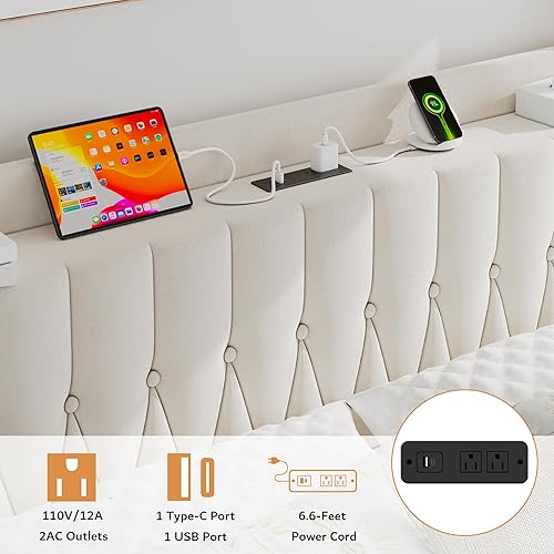 Miniatura 3 de iPormis Base de cama de metal de tamaño matrimonial con estación de carga, cabecera y estribo tapizados en terciopelo, soporte de acero resistente,