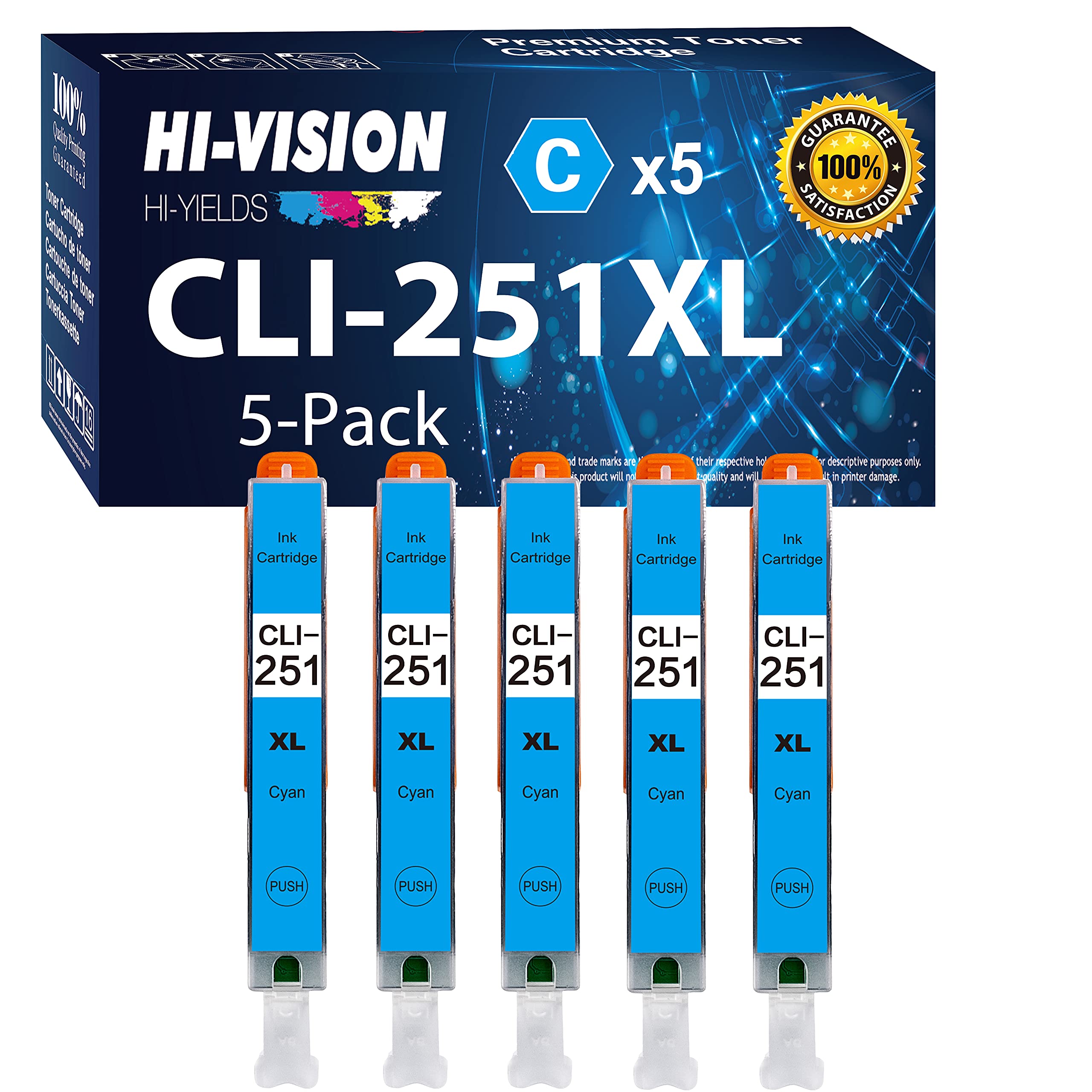 HI-VISION HI-YIELDSCompatible CLI251xl CLI-251xl Ink Cartridges Replacement for Canon CLI251x work with PIXMA MG5420/MG5422/MG5520/MG5522/MG5620BK/white/MG6320, (5X Cyan)