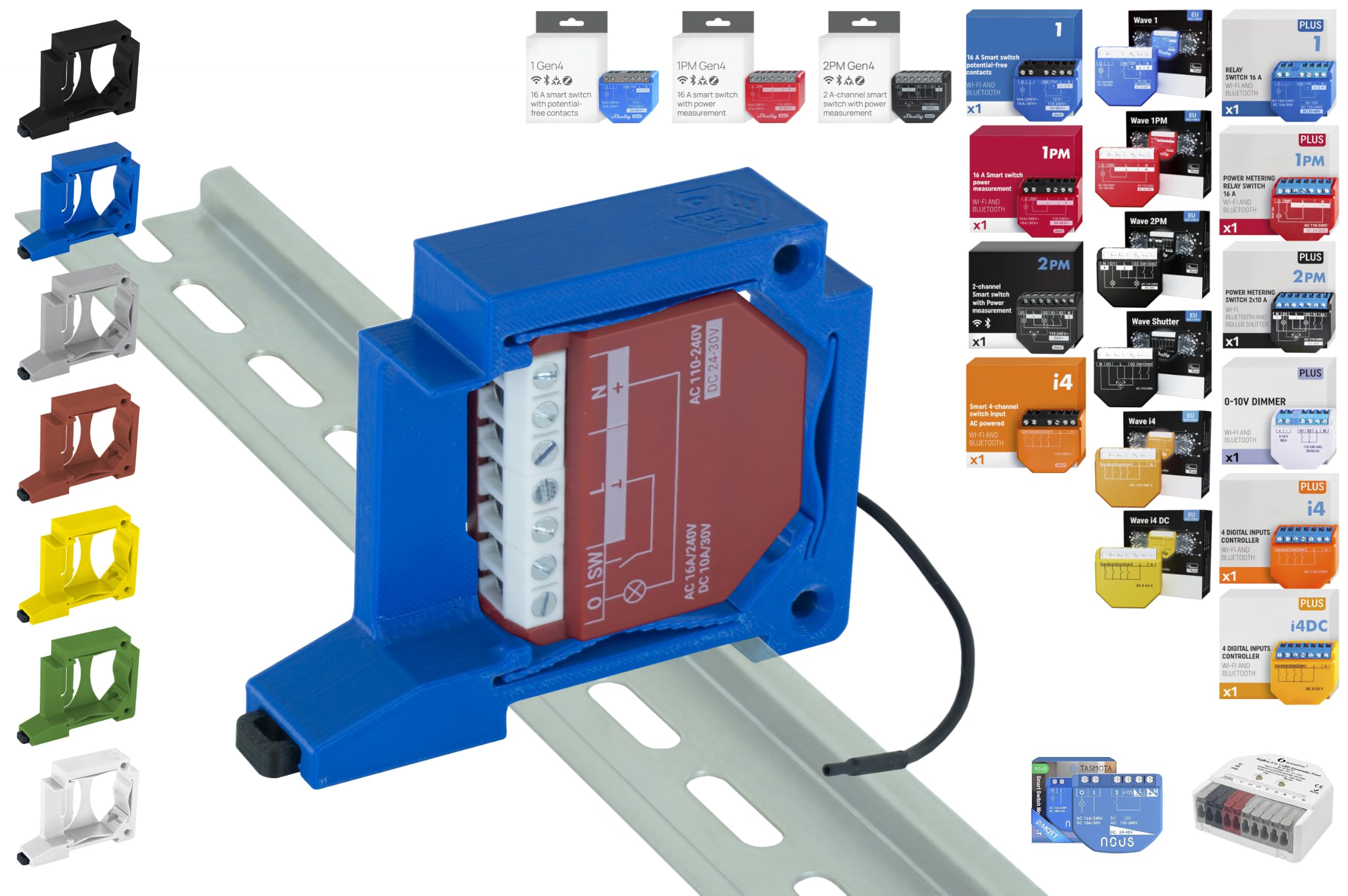 Print Worth 3D Allstar S Universal DIN Rail / Wall Mount / Adaptor for All (Can Mountable) Shelly Actuators and Many Others, for Mounting for 35 mm DIN Rail or Walls (Blue (P), 2)
