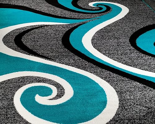 Miniatura 3 de Alfombra y decoración Contempo 37 gris, turquesa, blanco, remolino, moderno, abstracto, alfombra para sala de estar, dormitorio, 3 pies, 9 pulgadas