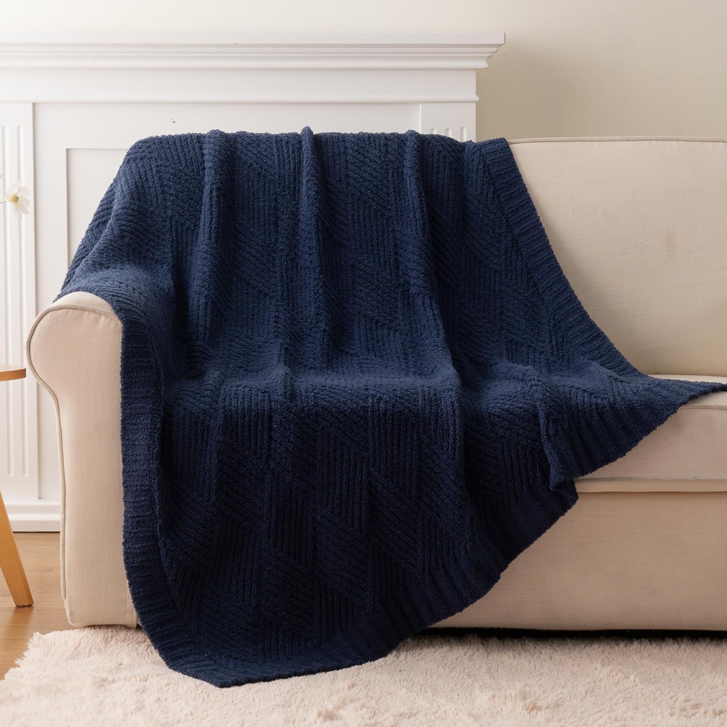 Battilo Navy Chenille Throw Blanket for Couch, Soft Diamond Textured Knit Blanket, Cozy Lightweight Decorative Blankets for Sofa, 50"x60"