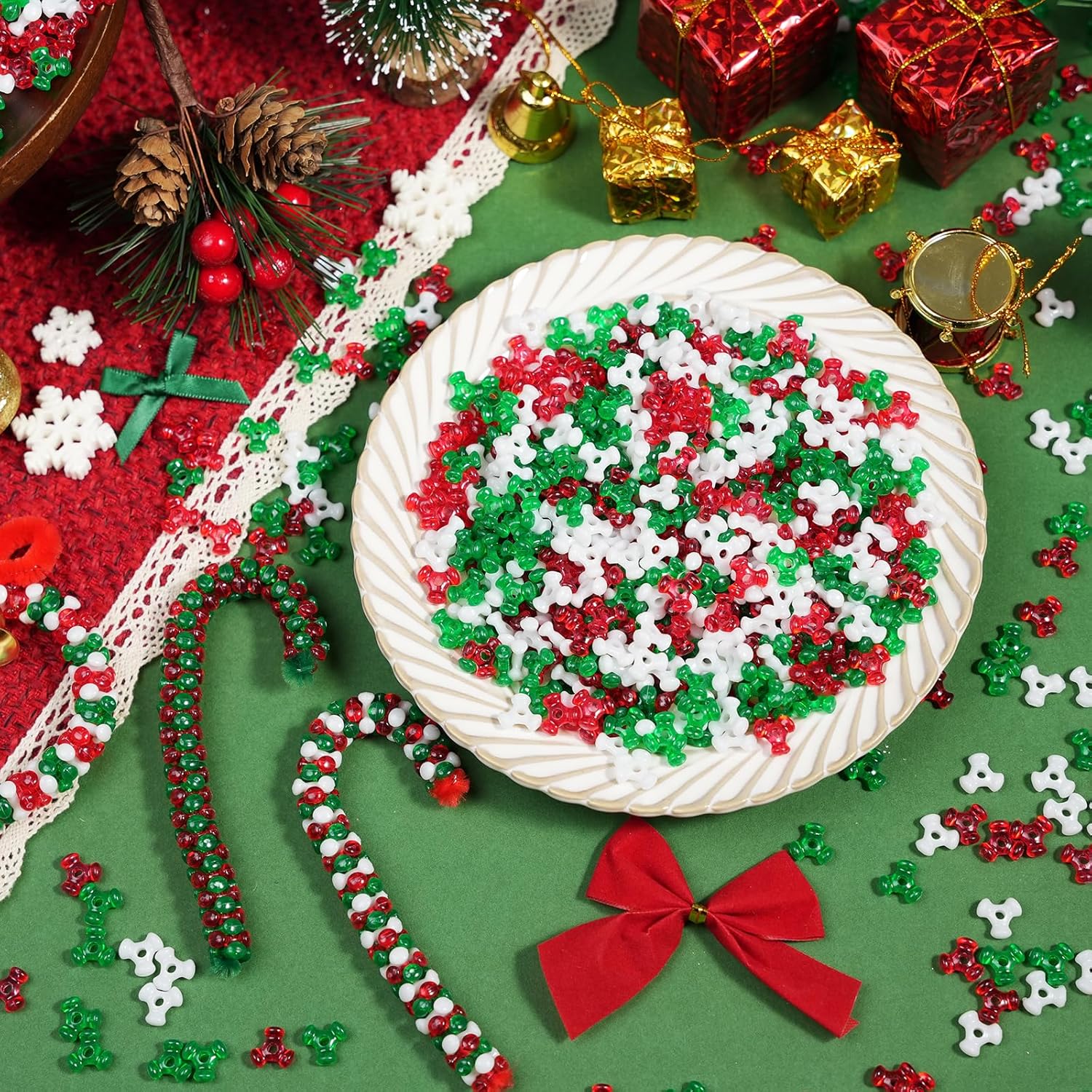 Christmas Tri Beads (1200pcs), Tri Shaped Beads Red Green White Triangle Beaded kit for Craft Wreath Xmas Holiday Tree Snowman Decorations, Candy Cane Beaded Ornament Kit, Christmas Party Decoration - Image 5