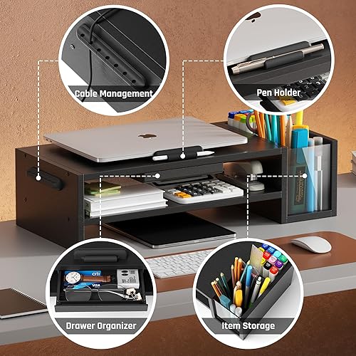 Miniatura 4 de Soporte de madera ajustable para laptop, soporte ergonómico de altura y ángulo con soporte para bolígrafo, compatible con MacBook AirPro, Dell, HP,