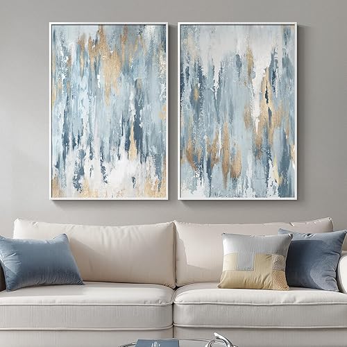 Large Framed Blue and Gold Abstract Wall Art for Living Room, 2 Piece Modern Canvas Prints Paintings Artwork for Walls, Minimalist Bright Pictures for Hallway Stair Bedroom Office Wall Decor 24x36 In