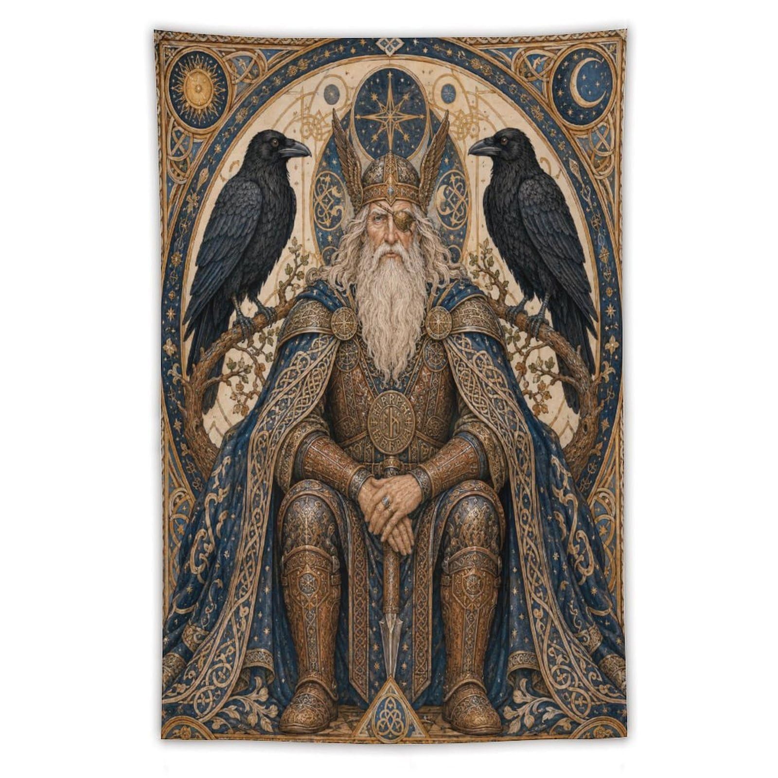 W7C8U2X3 Norse Odin with Ravens Wall Tapestry, Art Nouveau, Room Divider