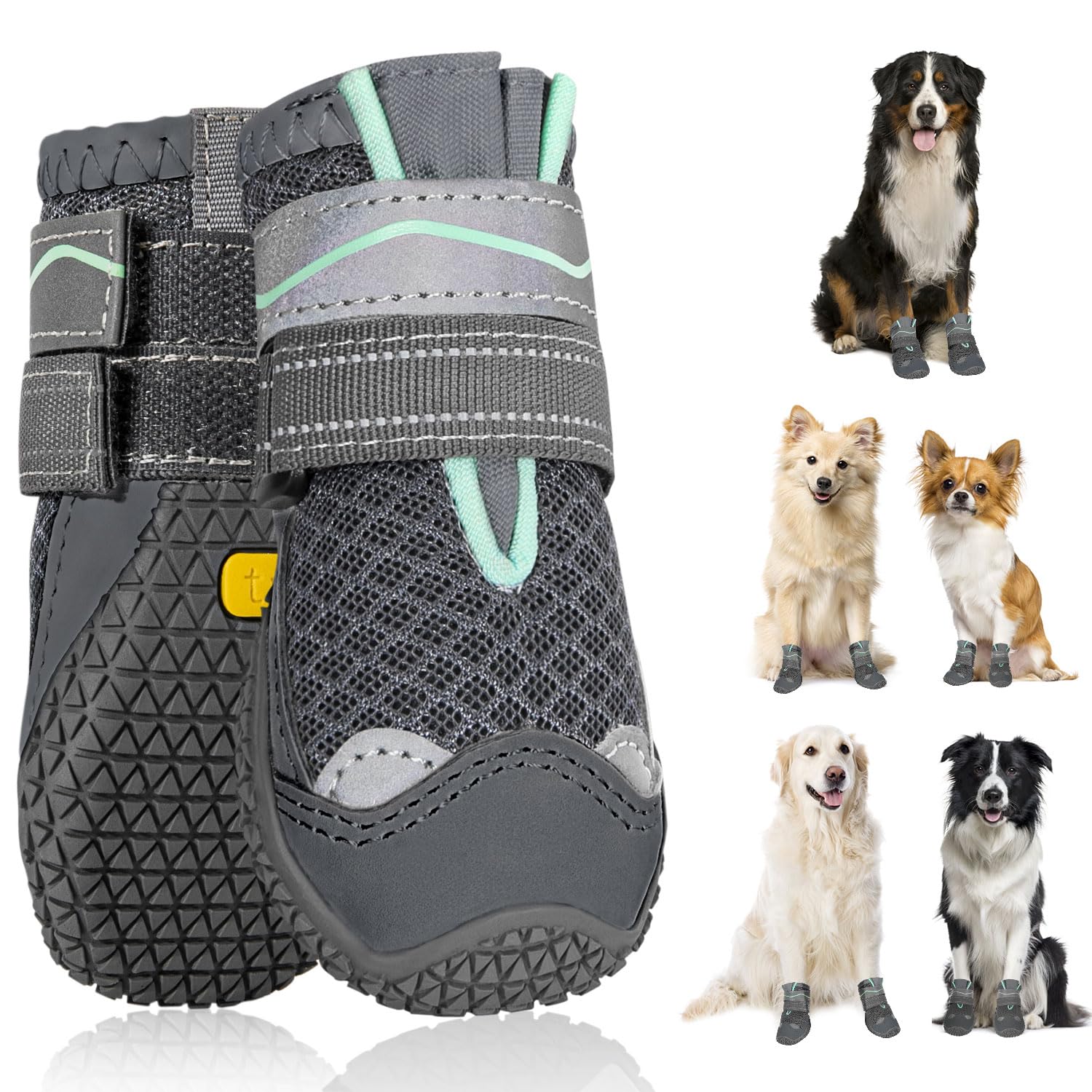 SlowTon Stivali per Cani, Protettore Traspirante della Paw del Cane, Doppio Regolabile e Lavabile Antiscivolo Scarpe per Cani con Striscia Riflettente, Comodi Stivali da Passeggio del Cane per Cani
