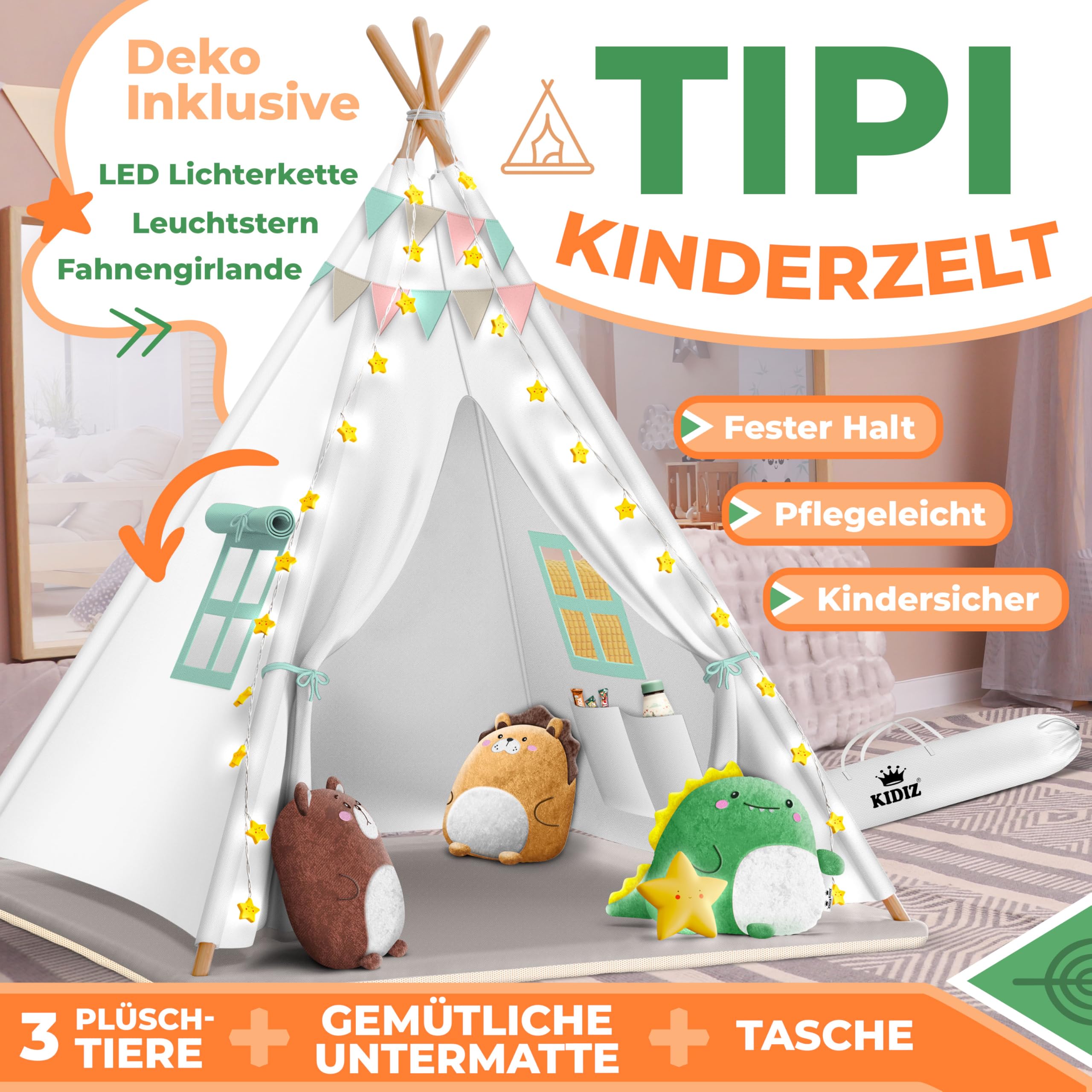 KIDIZ Tente de jeu pour enfant - 100 x 100 x 160 cm - En coton - Avec guirlande lumineuse LED, étoiles lumineuses, guirlande de drapeaux, 3 animaux en peluche, tapis et sac de transport - Pour