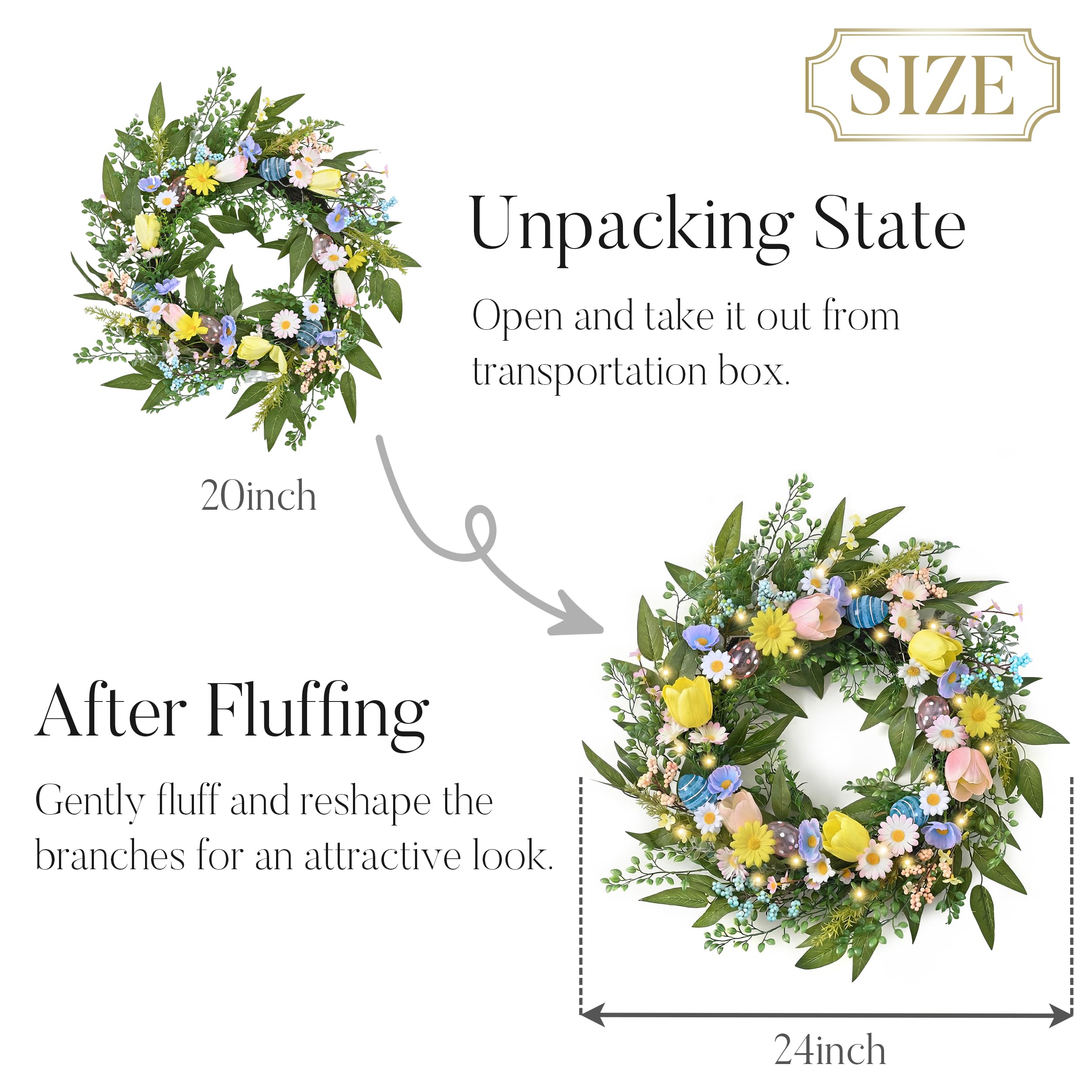 Valery Madelyn Corona de Pascua plegable preiluminada de 24 pulgadas para puerta delantera, corona de puerta de primavera iluminada con huevo pastel y flor de margarita, decoración de granja de