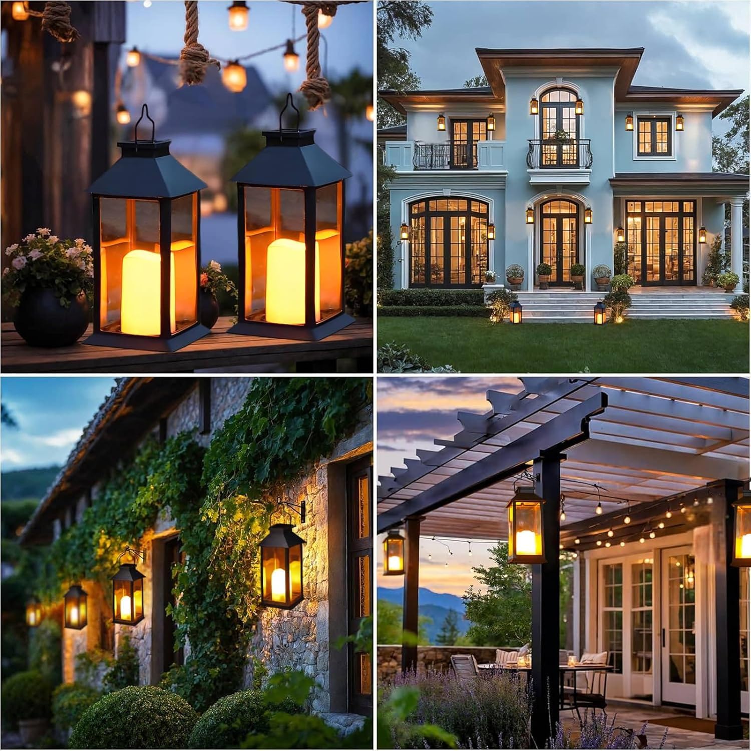 Lanterne da Esterno, 2 Pezzi Lanterna Solare da Esterno con Candele Tremolante, IP44 Impermeabile Appendere Lampade Solari per Giardino Terrazzo Tavolo Gazebo Balcone Decorazioni - Nero