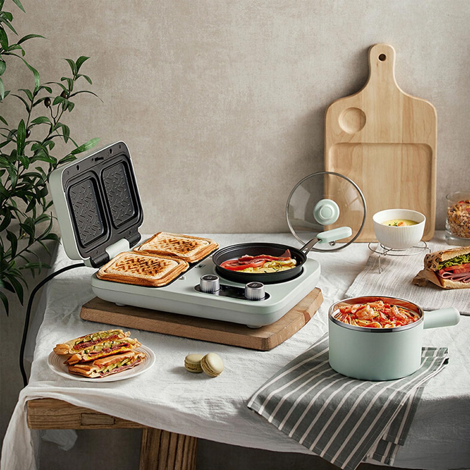 800W Stołowa Maszyna do Śniadań, Domowy Mały Toster Prasa z Nieprzywierającą Patelnią, Blachą do Pieczenia, Garnkiem o Pojemności 1,3L, Pokrętłem Timera 0-60 minut, Opiekacz do Kanapek do Domu, Biura