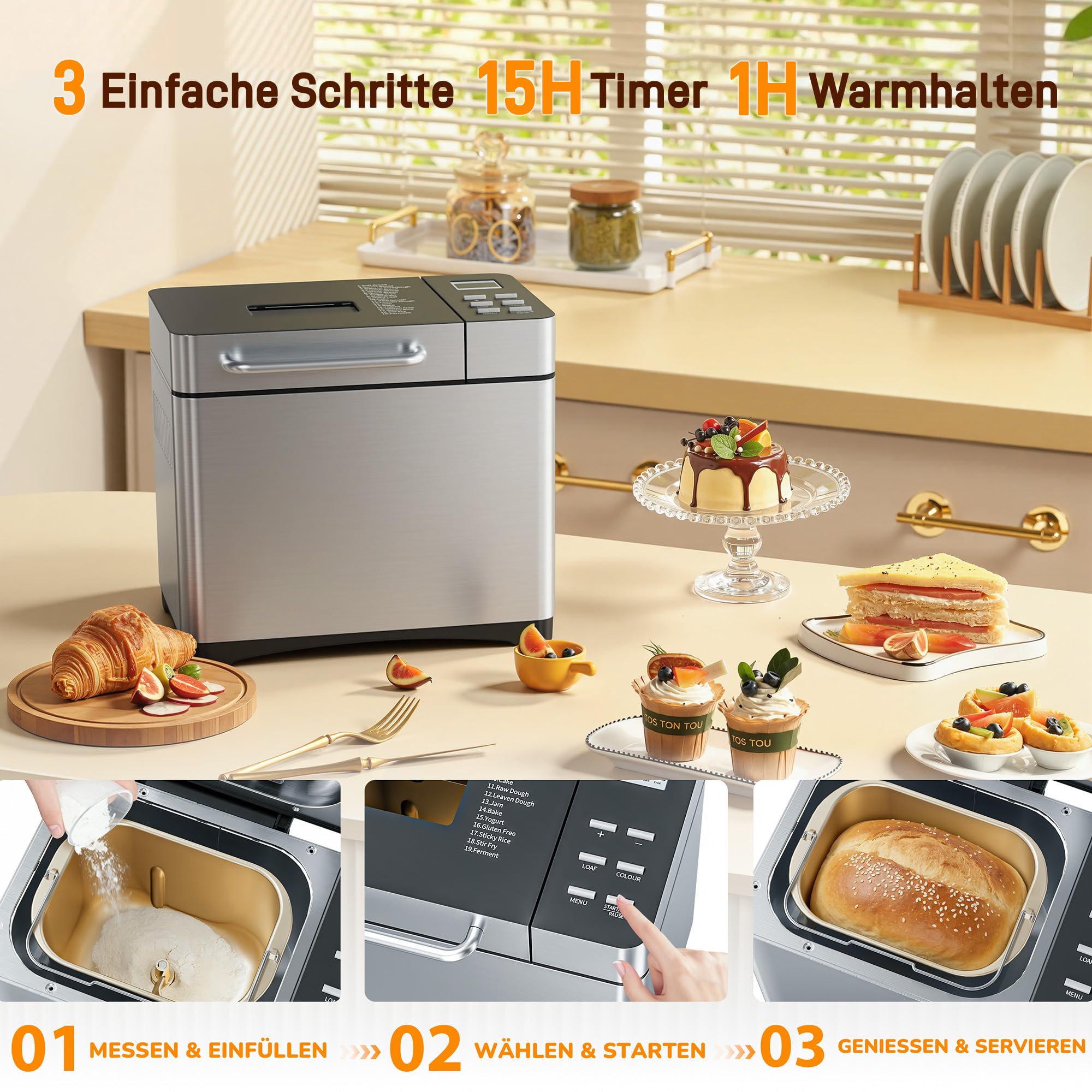 JUMMICO 19-in-1 Brotbackautomat mit automatischer Beigabe & Edelstahl-Gehäuse | 1kg Kapazität (3 Größen), 3 Krustenstufen | Warmhalten, Timer-Start | Einfache Bedienung, Glutenfrei, Joghurt