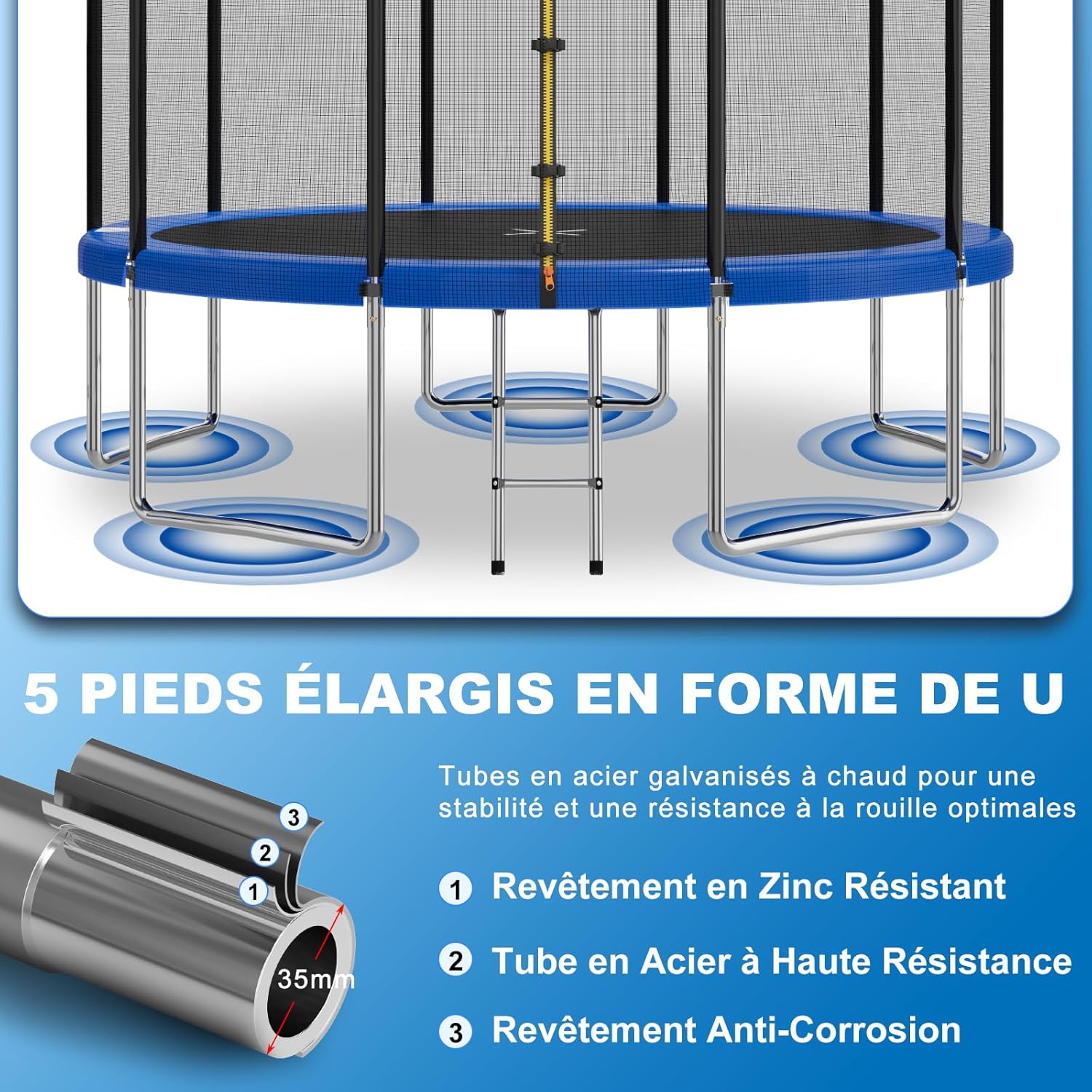 Diagram showing the U-shaped legs and galvanized steel frame construction of the Devoko Trampoline