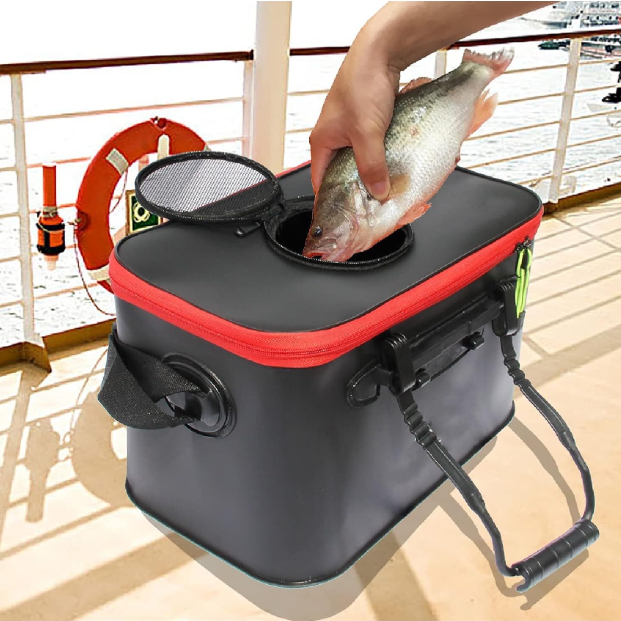 Secchio da Pesca Pieghevole – Capacità 28 L, Impermeabile, Con Foro per Aeratore, Tasche Laterali, Design Salvaspazio, 45×26,5×23,5 cm | RIBETINA