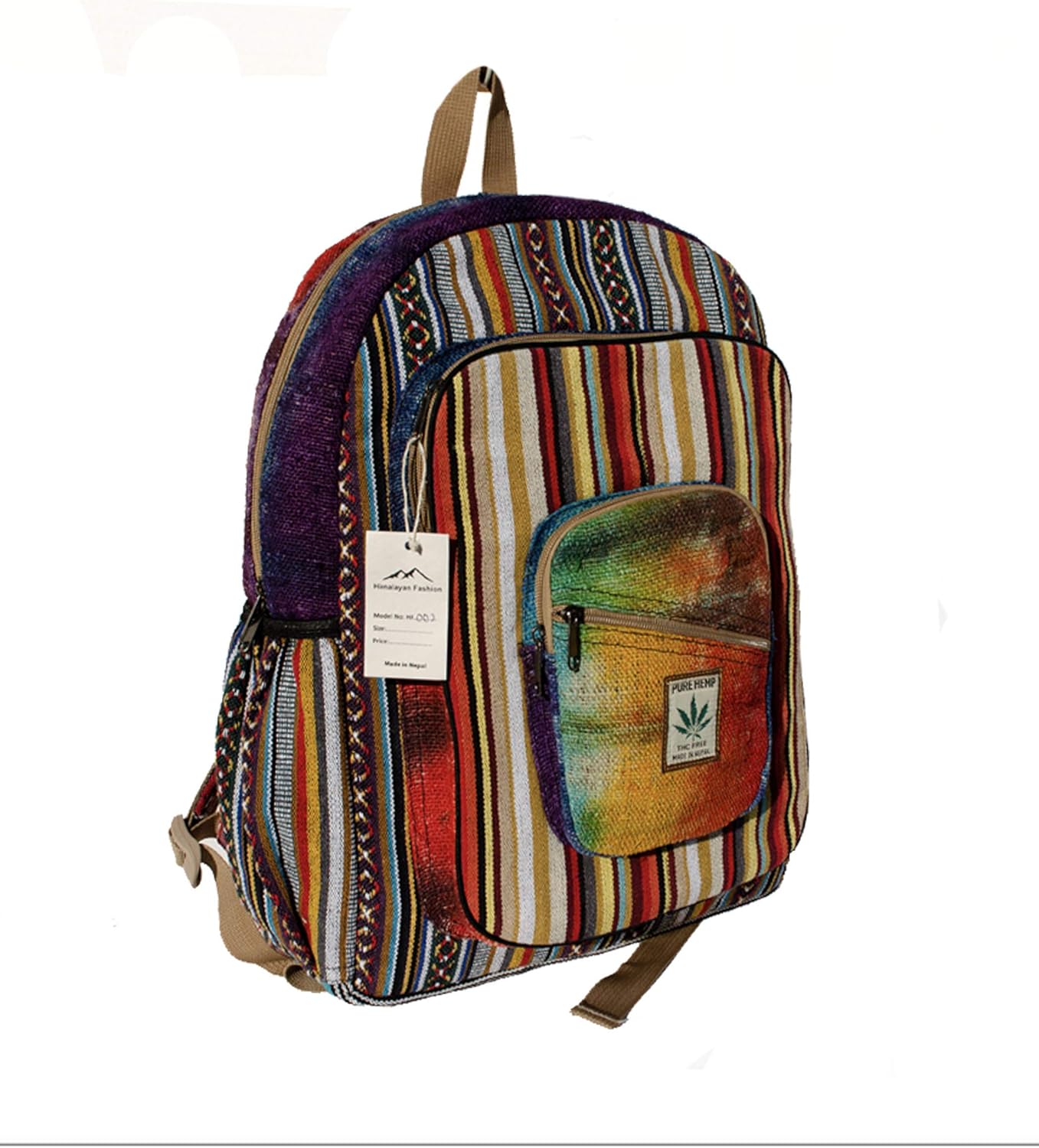 Hemp Backpack | 100% Pure Hemp - All Natural Handmade Multi Pocket Large Laptop Backpack | Travel Backpack - For Women and Men | Laptop Sleeve -Water Bottle Pockets | Boho Hippie - Rainbow