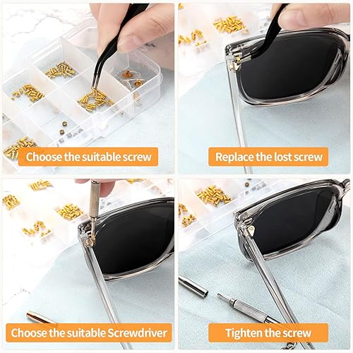 Miniatura 5 de Kit de reparación de gafas, kit de reparación de cristales con tornillos dorados, almohadillas para la nariz, juego de destornilladores y marcos de