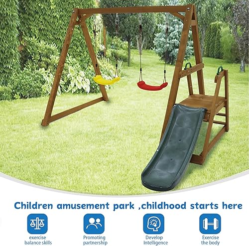 Miniatura 4 de Juego de columpios para niños para exteriores y tobogán, marco de columpio de madera maciza resistente con escalera de escalada, color natural
